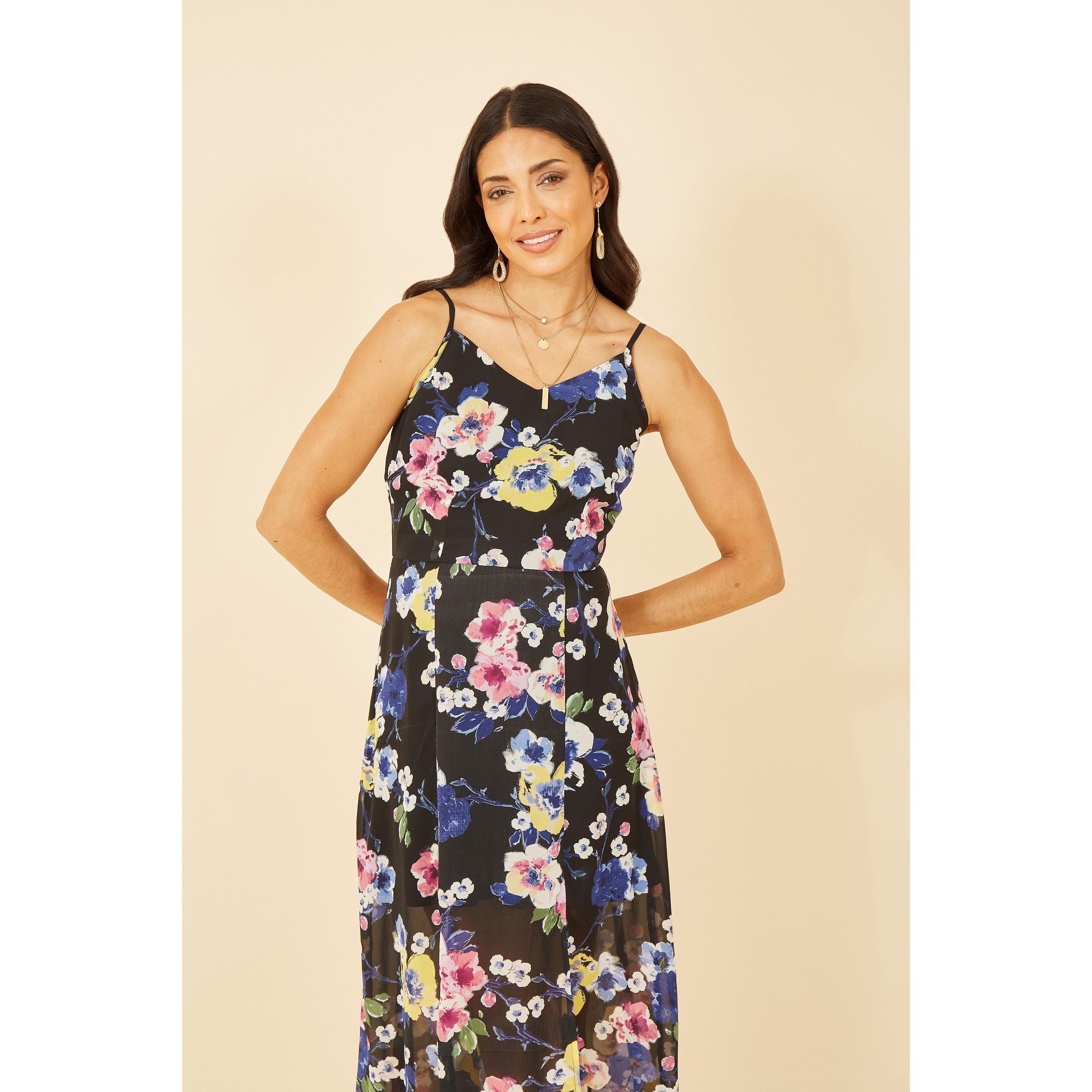 Black - Yumi - Black Floral Strappy Midi Dress - 3
