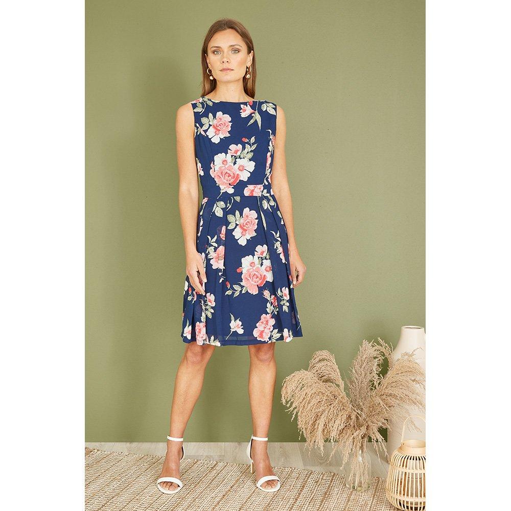 Navy - Mela London - Navy Floral Skater Dress With Scoop Back - 2