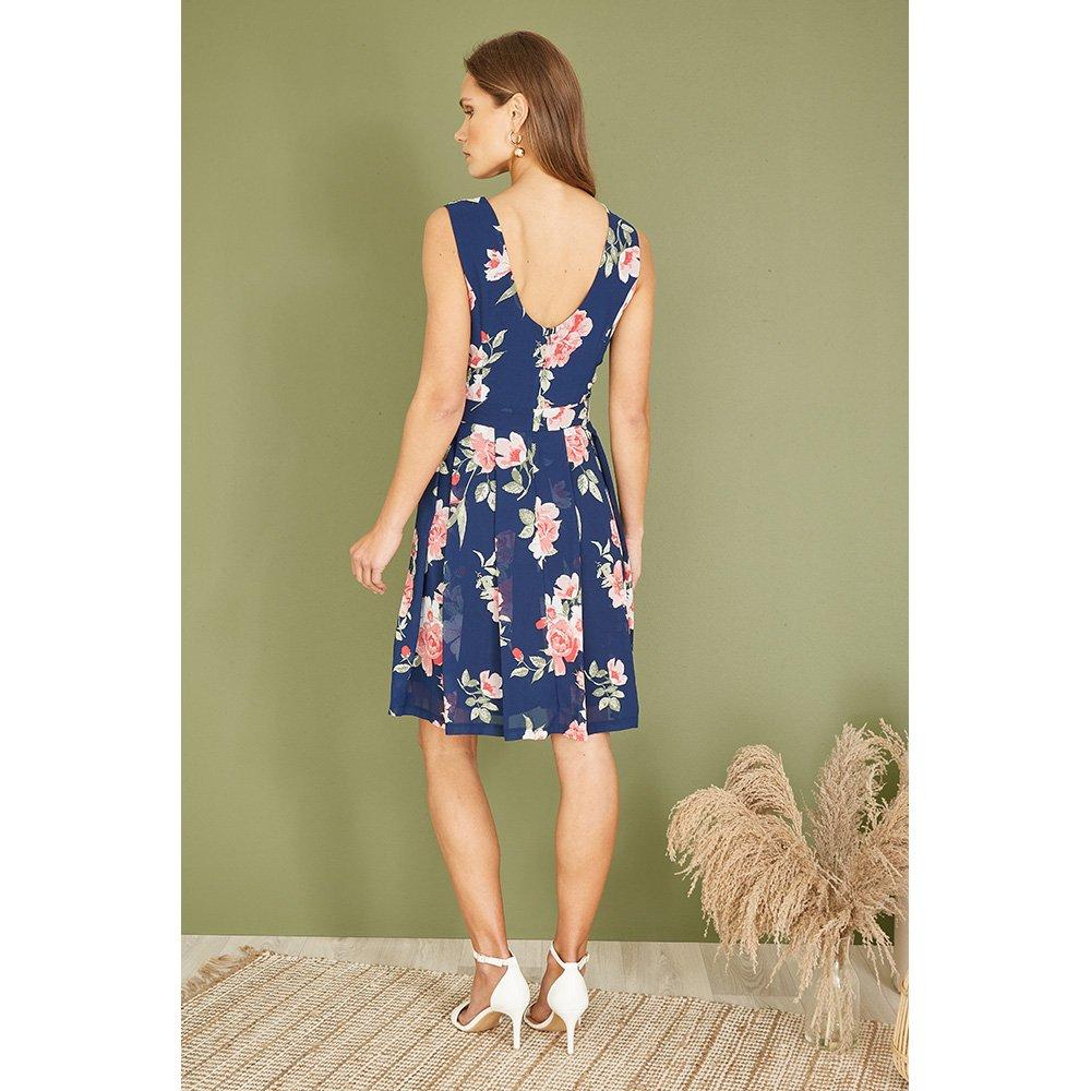 Navy - Mela London - Navy Floral Skater Dress With Scoop Back - 3