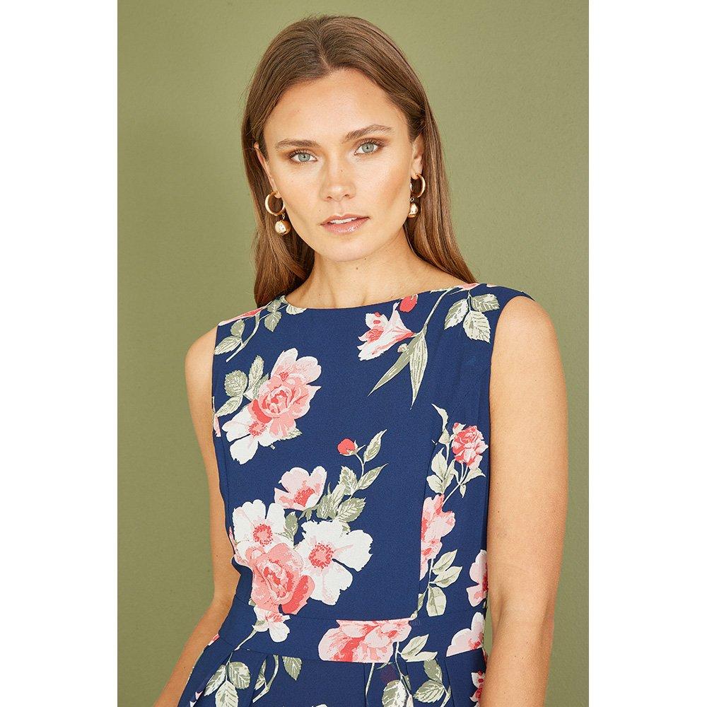 Navy - Mela London - Navy Floral Skater Dress With Scoop Back - 4