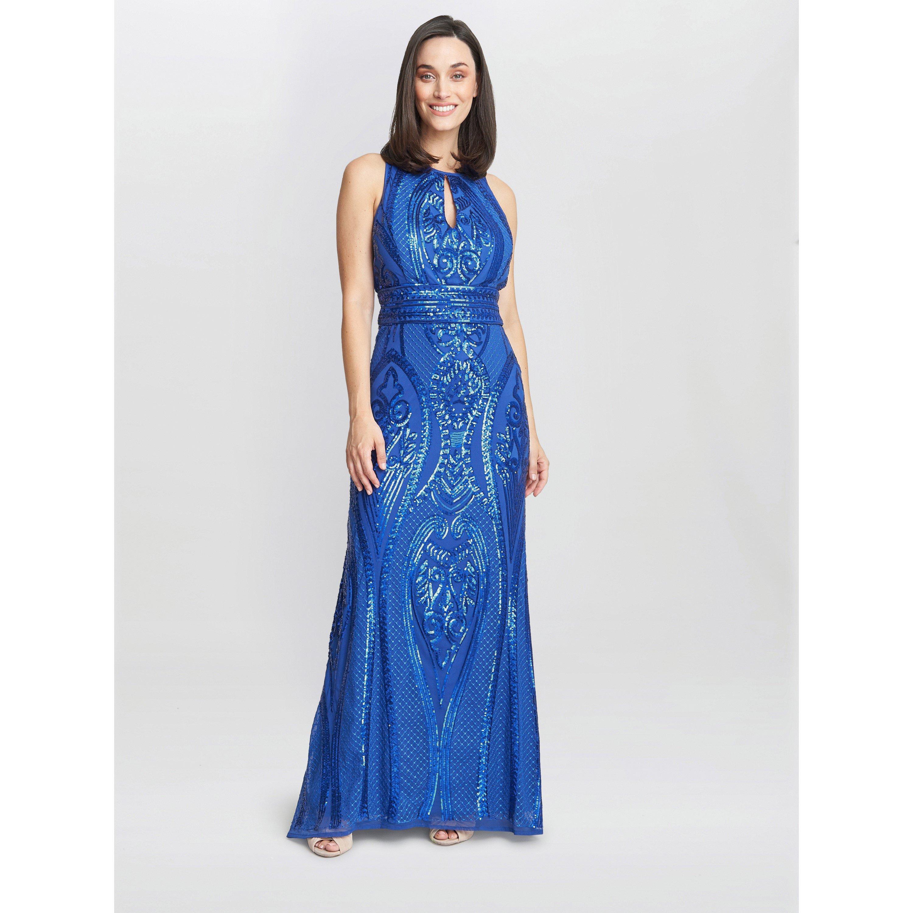 Gina Bacconi Women's Natalie Sequin Beaded Keyhole Maxi Dress - Royal - 16