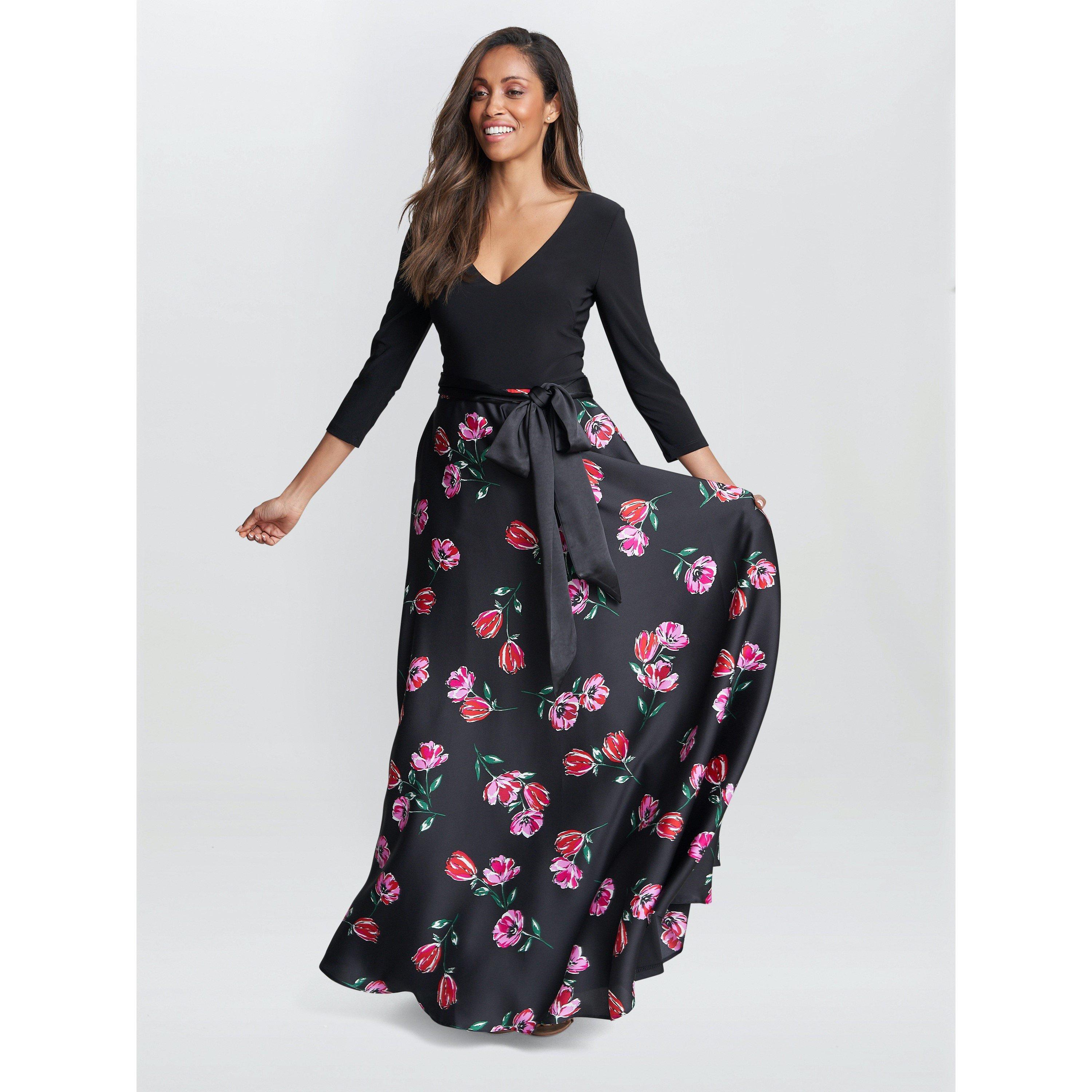 Black / Pink - Gina Bacconi - Athena Print Floral Satin Jersey Dress - 3