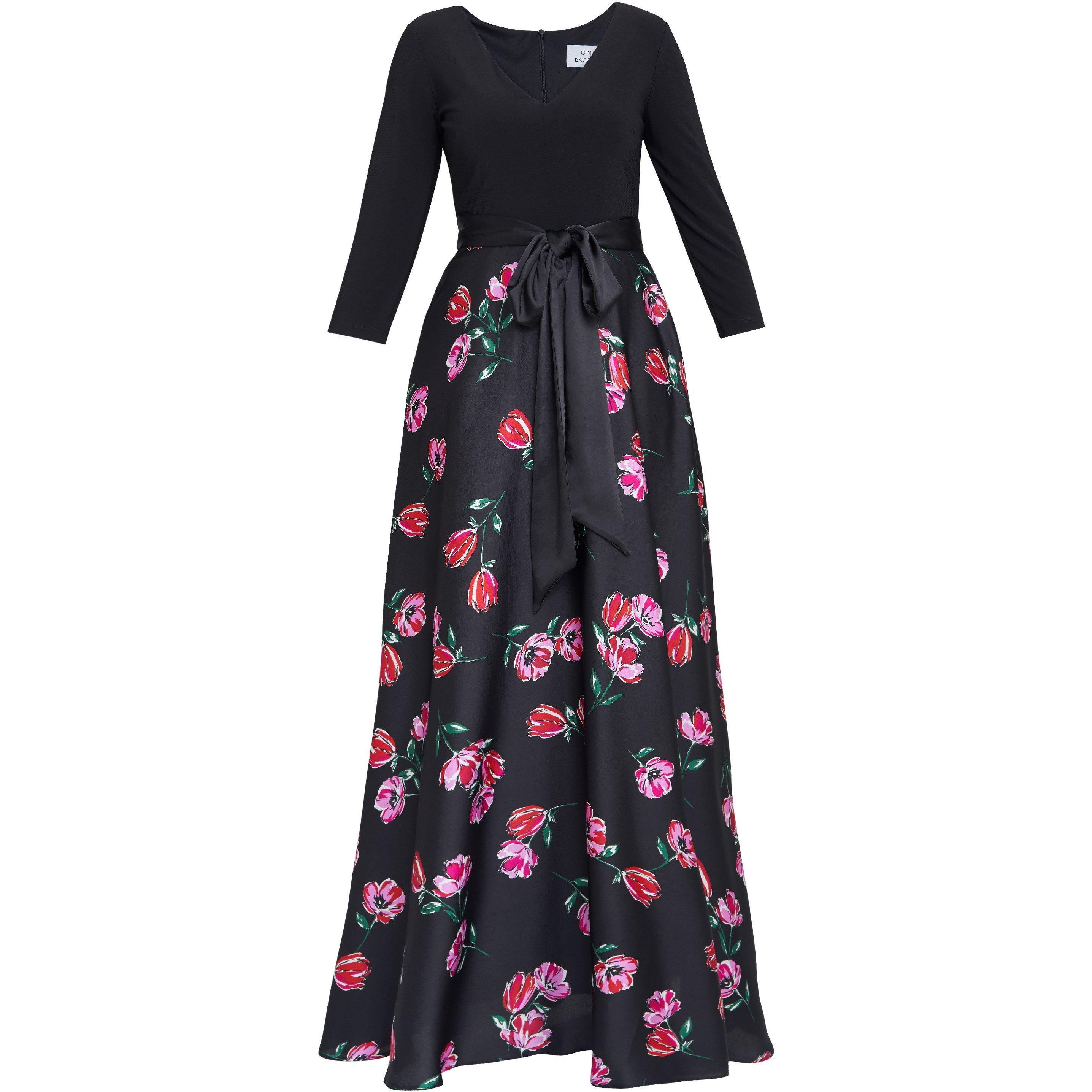 Black / Pink - Gina Bacconi - Athena Print Floral Satin Jersey Dress - 4