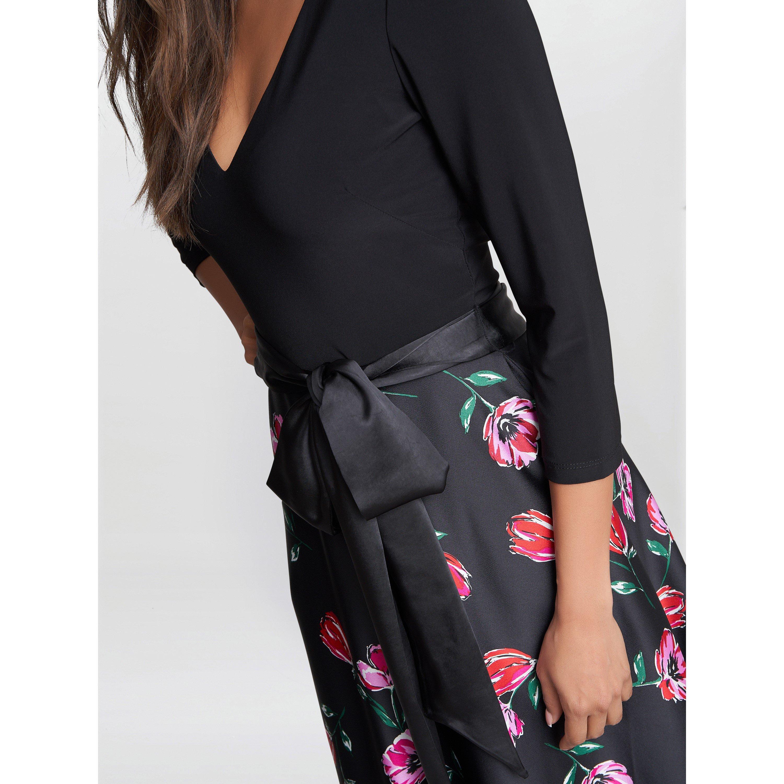 Black / Pink - Gina Bacconi - Athena Print Floral Satin Jersey Dress - 5