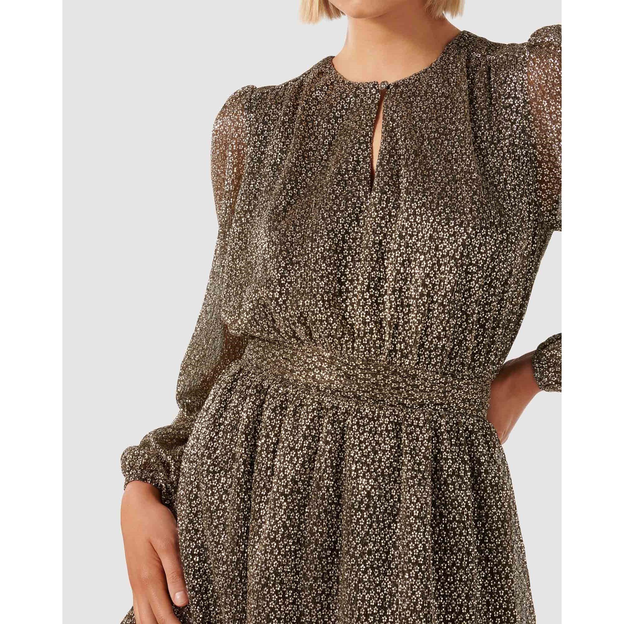 Black/Gold - Forever New - Goldie Long Sleeve Plisse Mini Dress - 3