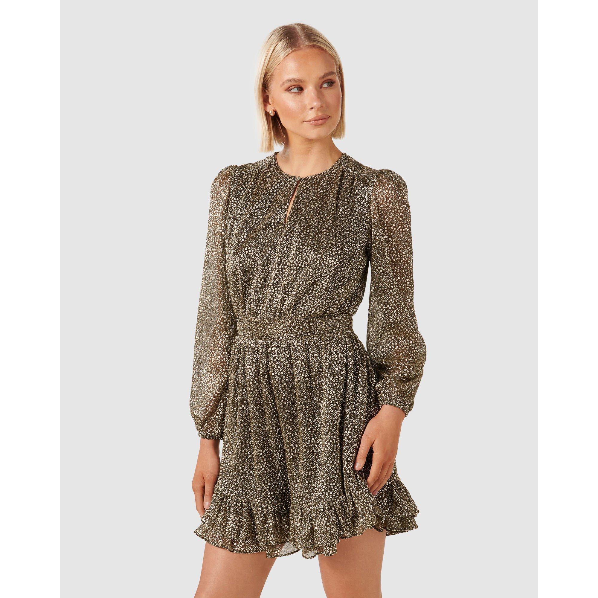 Black/Gold - Forever New - Goldie Long Sleeve Plisse Mini Dress - 4