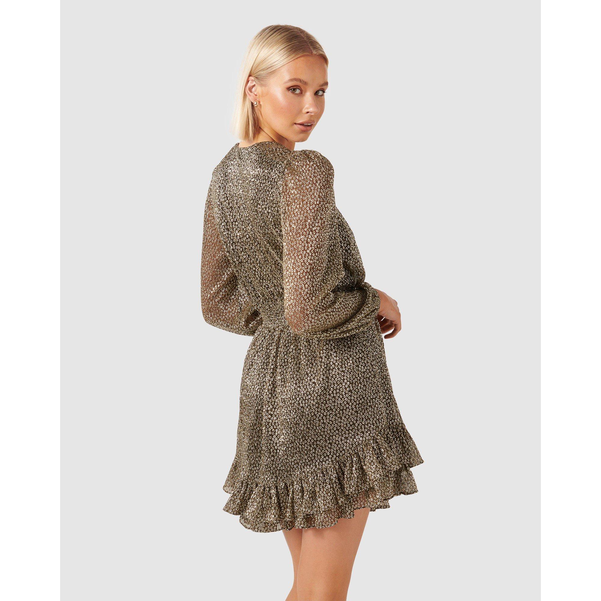 Black/Gold - Forever New - Goldie Long Sleeve Plisse Mini Dress - 5