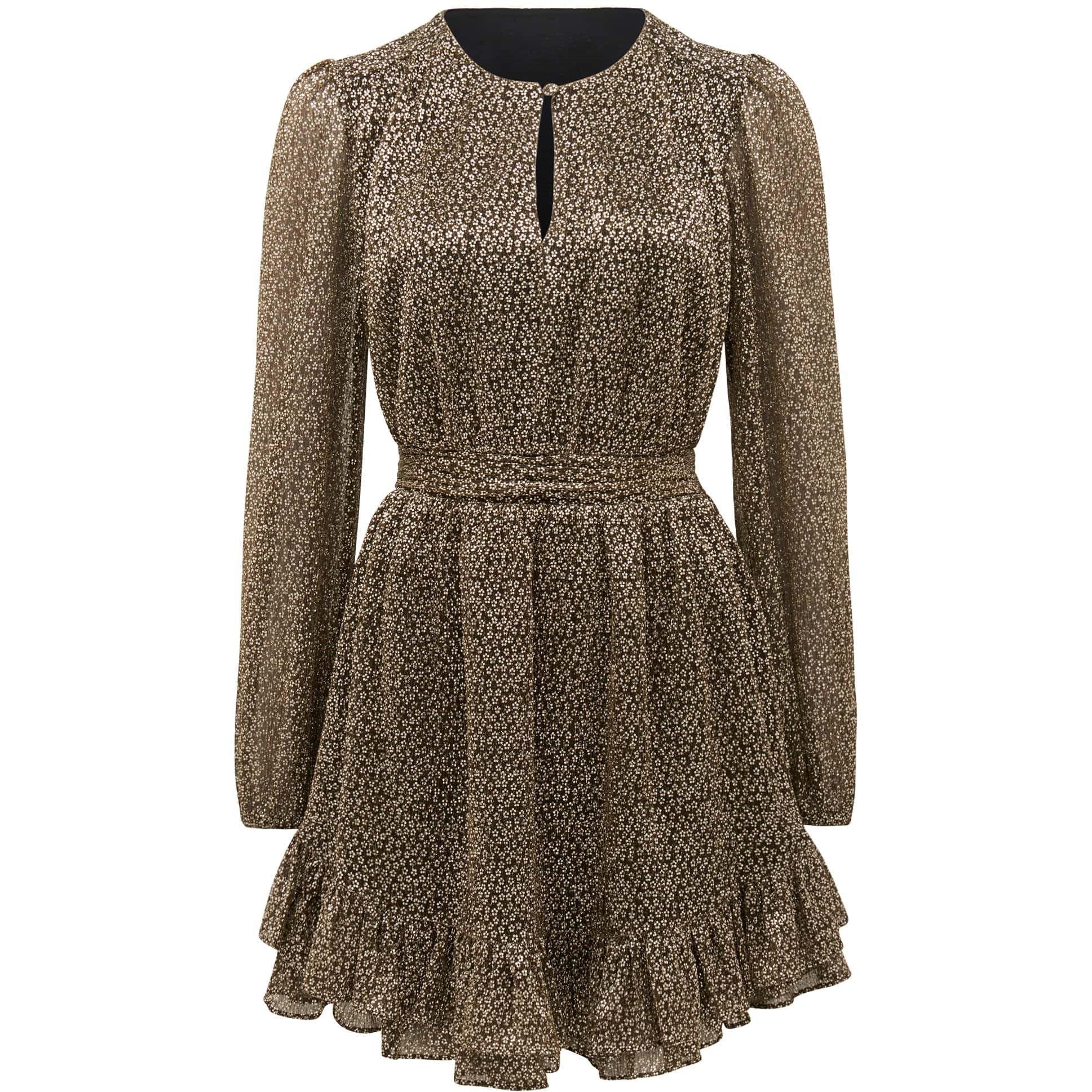 Black/Gold - Forever New - Goldie Long Sleeve Plisse Mini Dress - 6