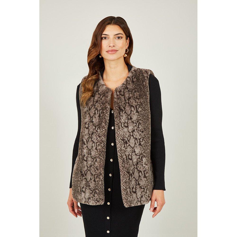 Grey - Yumi - Women's Grey Snake Print Faux Fur Gilet - 1
