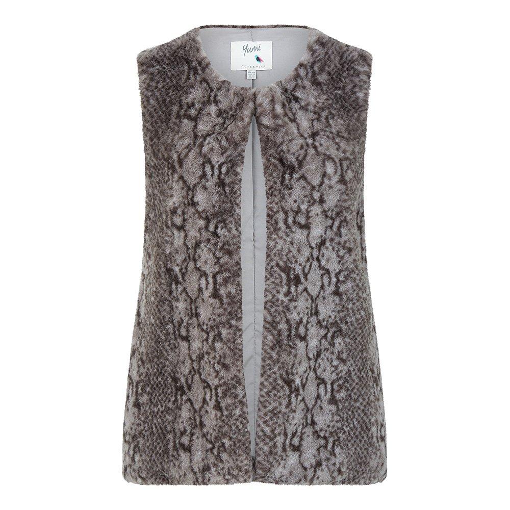 Grey - Yumi - Women's Grey Snake Print Faux Fur Gilet - 4