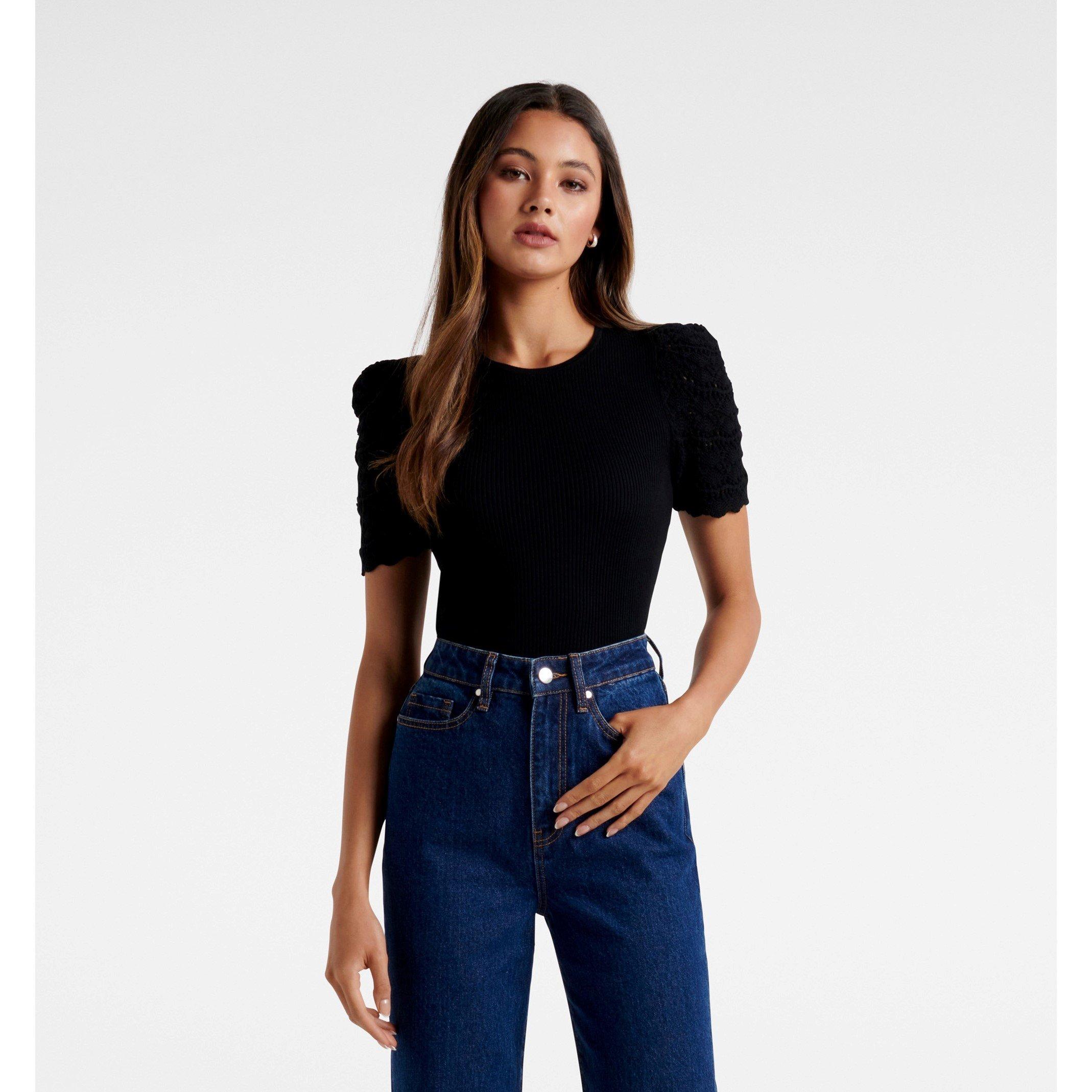 Black - Forever New - Lori Crew Neck Puff Sleeve Knit Tee - 3