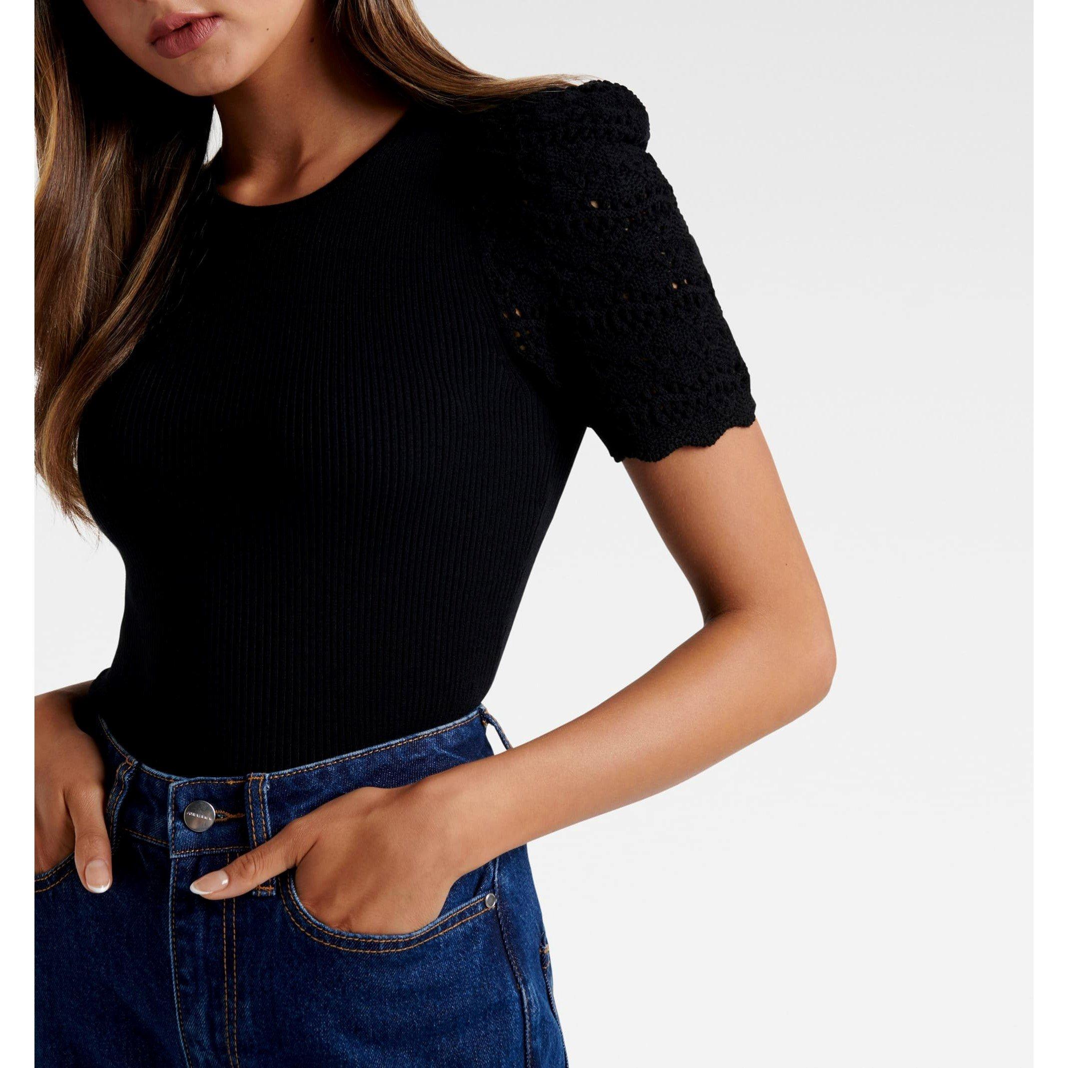 Black - Forever New - Lori Crew Neck Puff Sleeve Knit Tee - 4