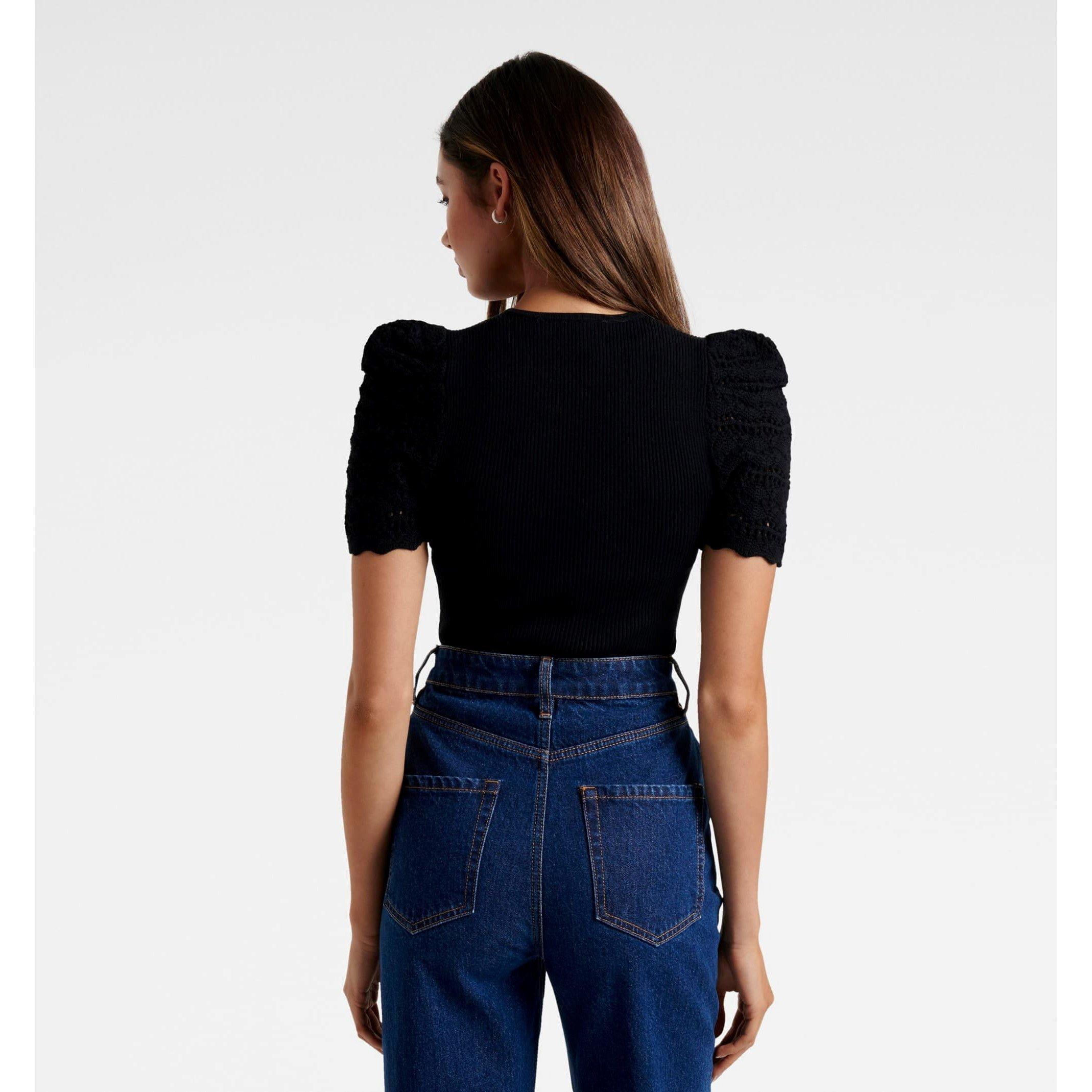 Black - Forever New - Lori Crew Neck Puff Sleeve Knit Tee - 6