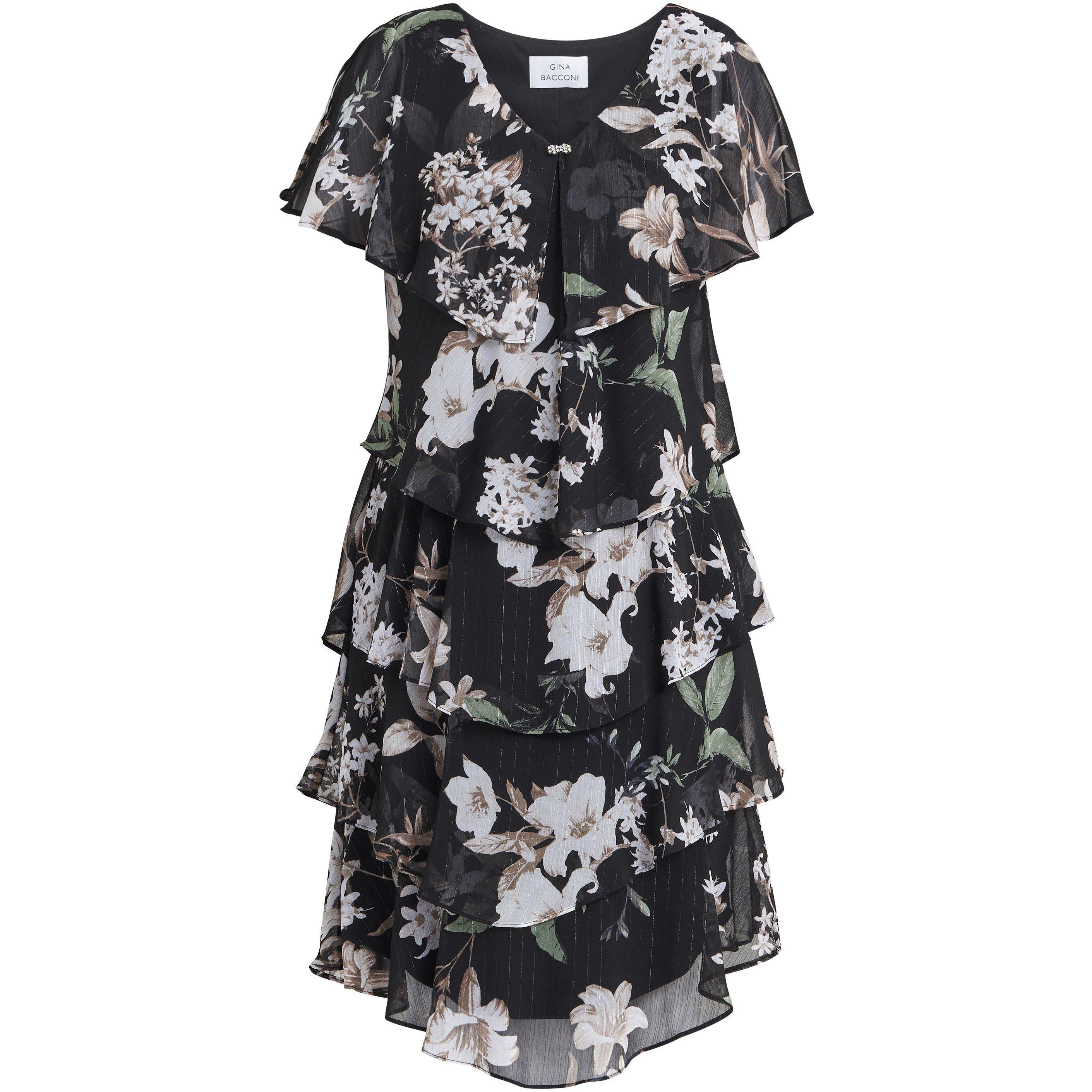Black / Multi - Gina Bacconi - Debbie Floral Print Tiered Dress - 4