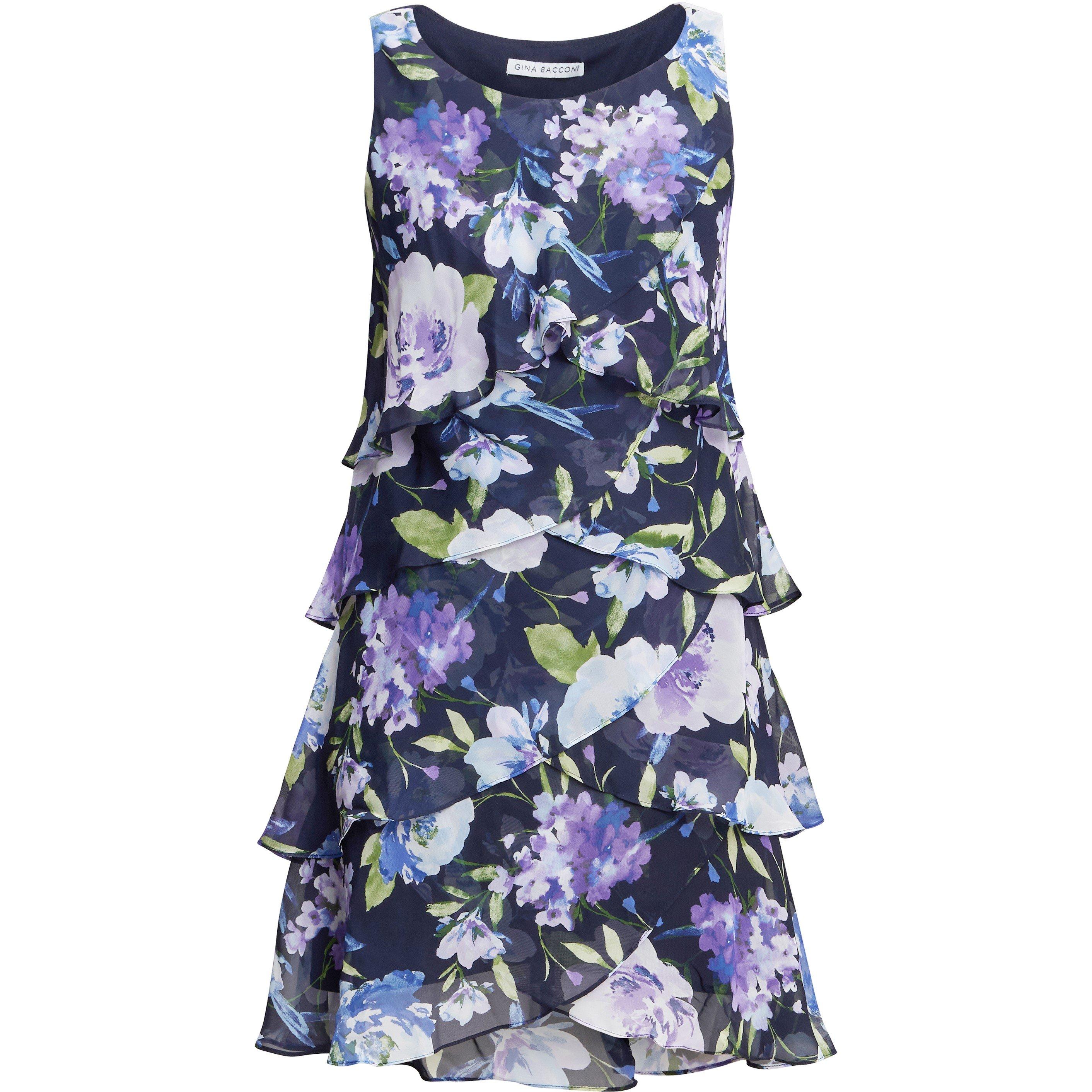 Navy Multi - Gina Bacconi - Women's Hallie Floral Layered Chiffon Party Shift Dress - 4