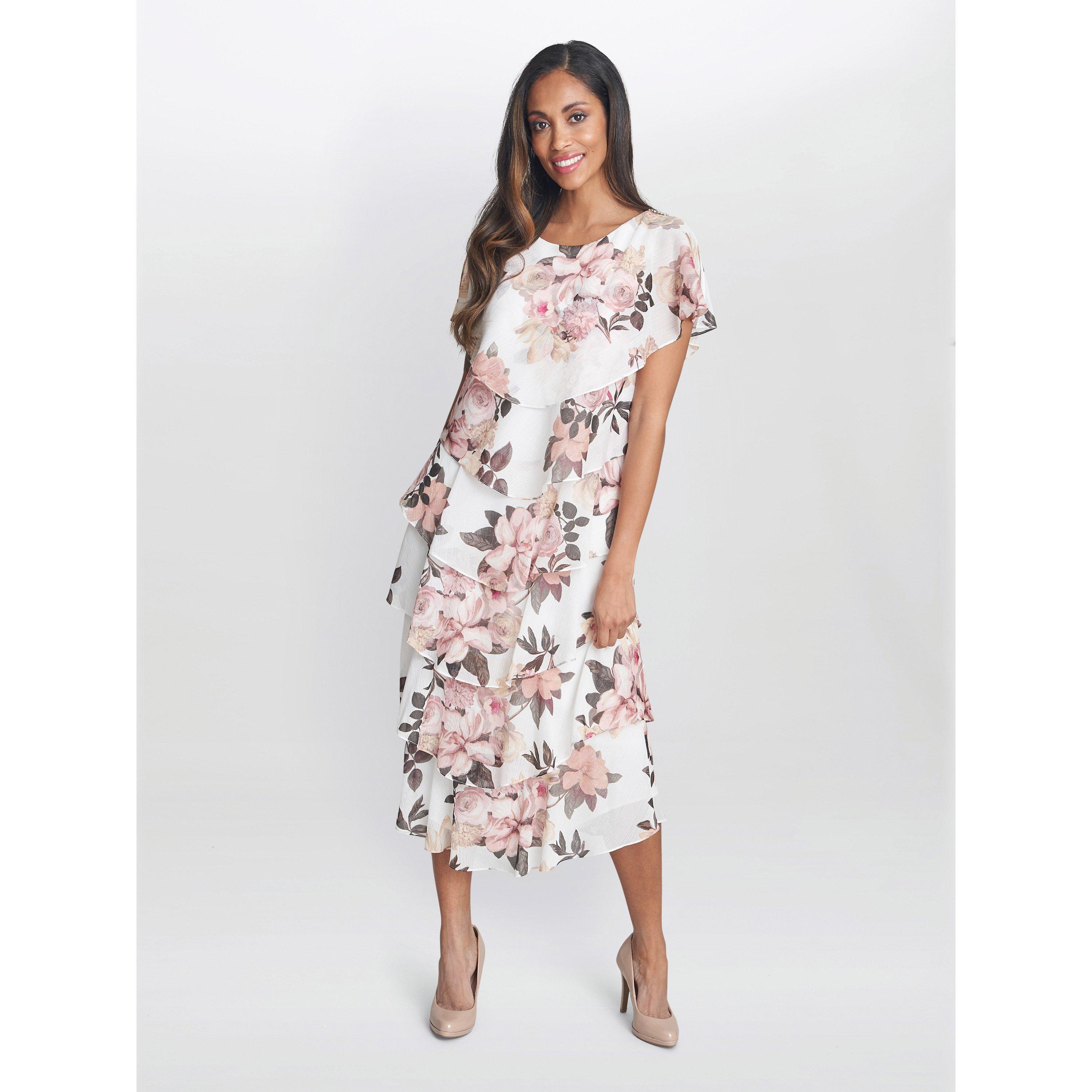 Gina Bacconi Women's Alice Midi Printed Tiered Dress - Ivory / Pink - 12