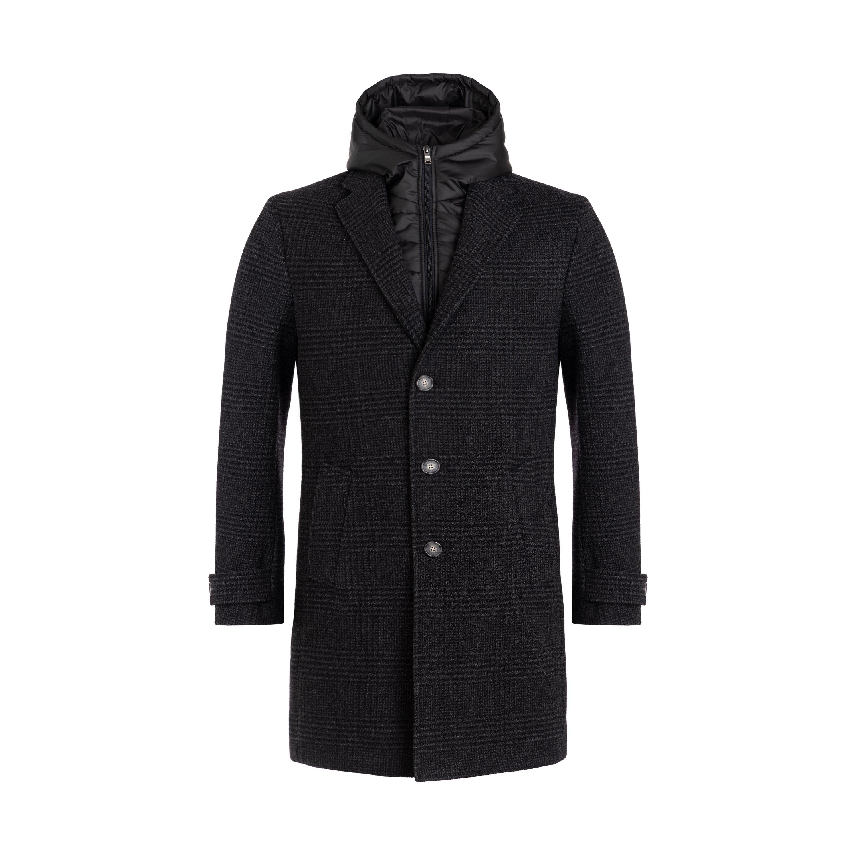 Grf - Eden Park - Men's Dark Grey Prince of Wales Pattern Wool Coat - 1