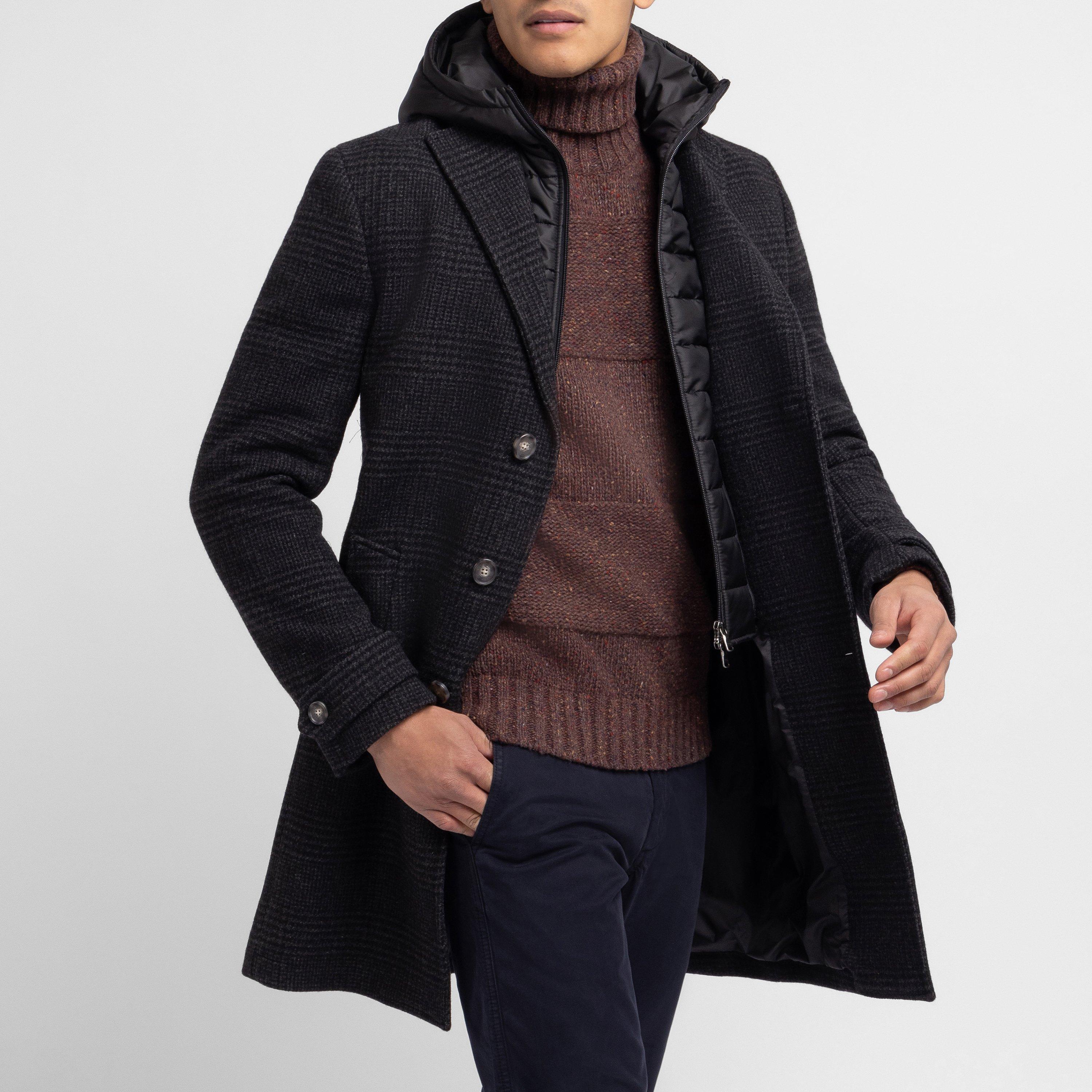 Grf - Eden Park - Men's Dark Grey Prince of Wales Pattern Wool Coat - 2