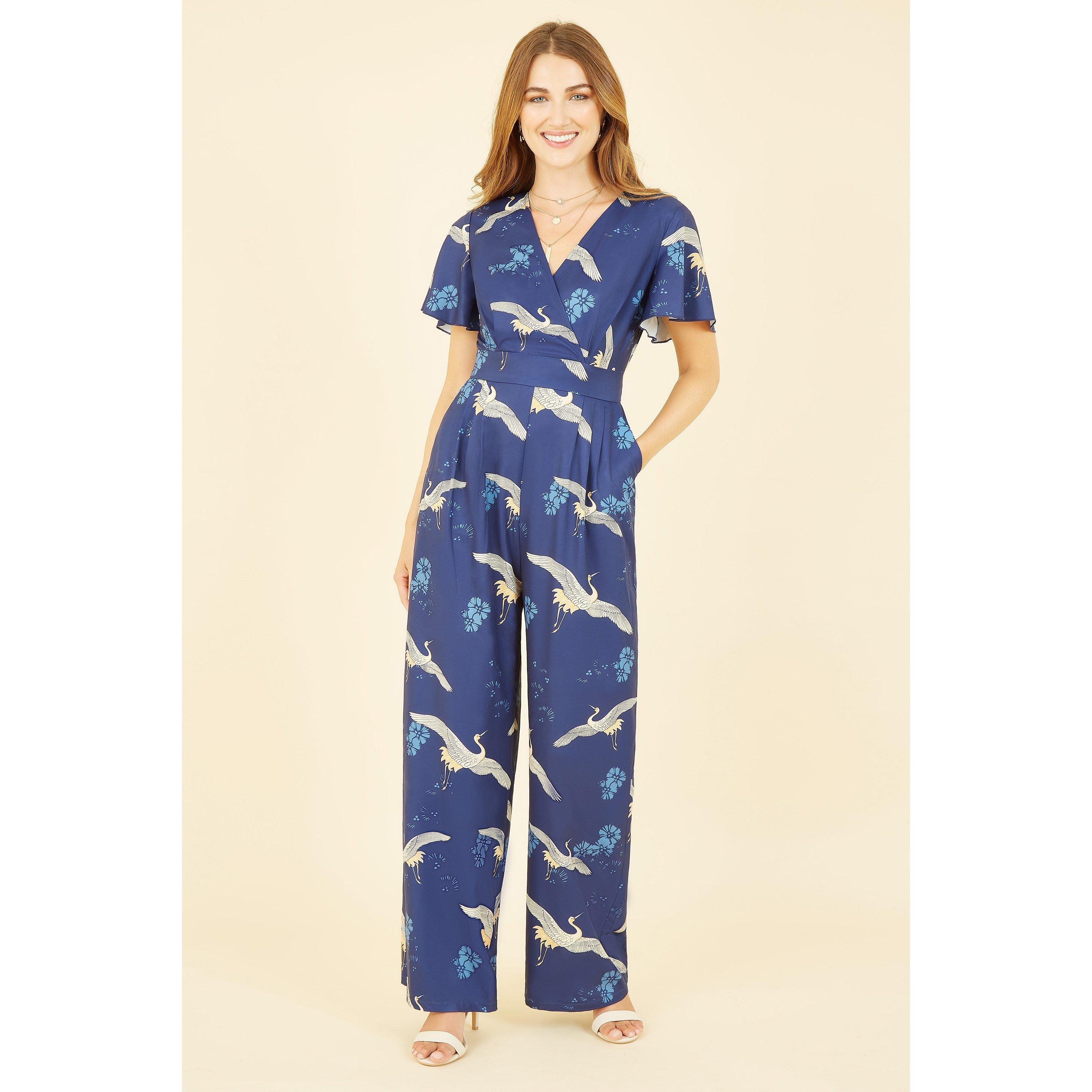 Navy - Yumi - Navy Crane Print Angel Sleeve Jumpsuit - 1