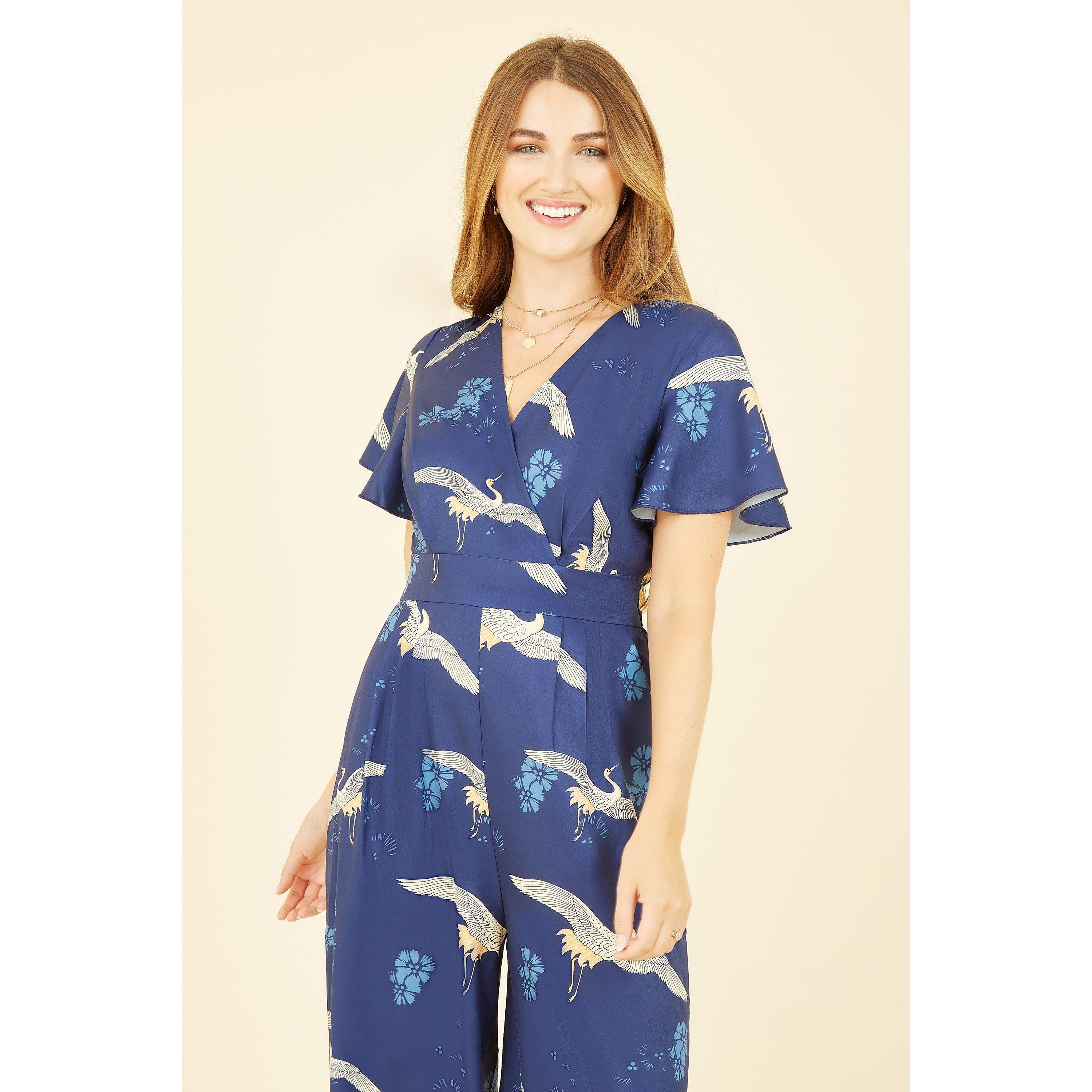 Navy - Yumi - Navy Crane Print Angel Sleeve Jumpsuit - 2