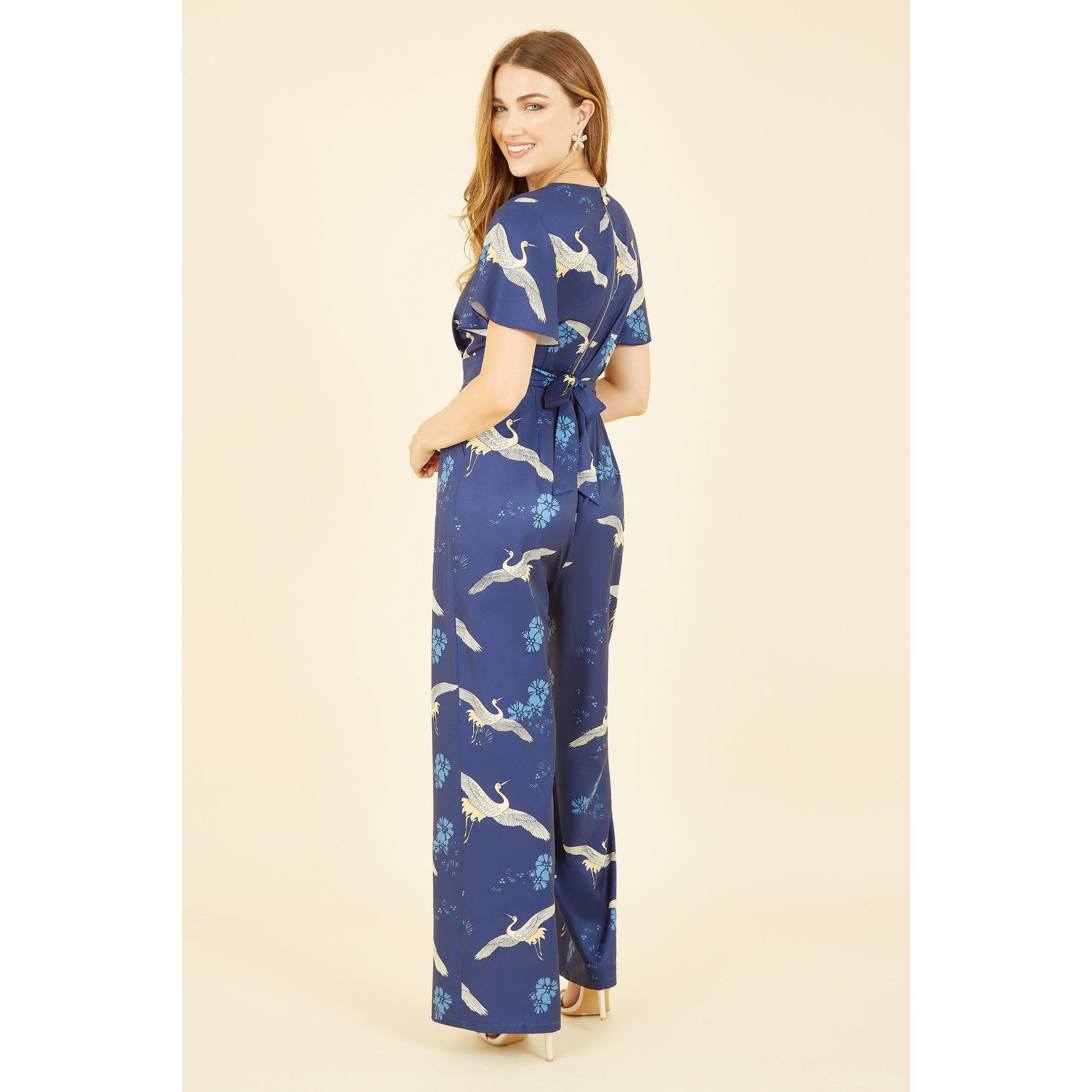 Navy - Yumi - Navy Crane Print Angel Sleeve Jumpsuit - 3