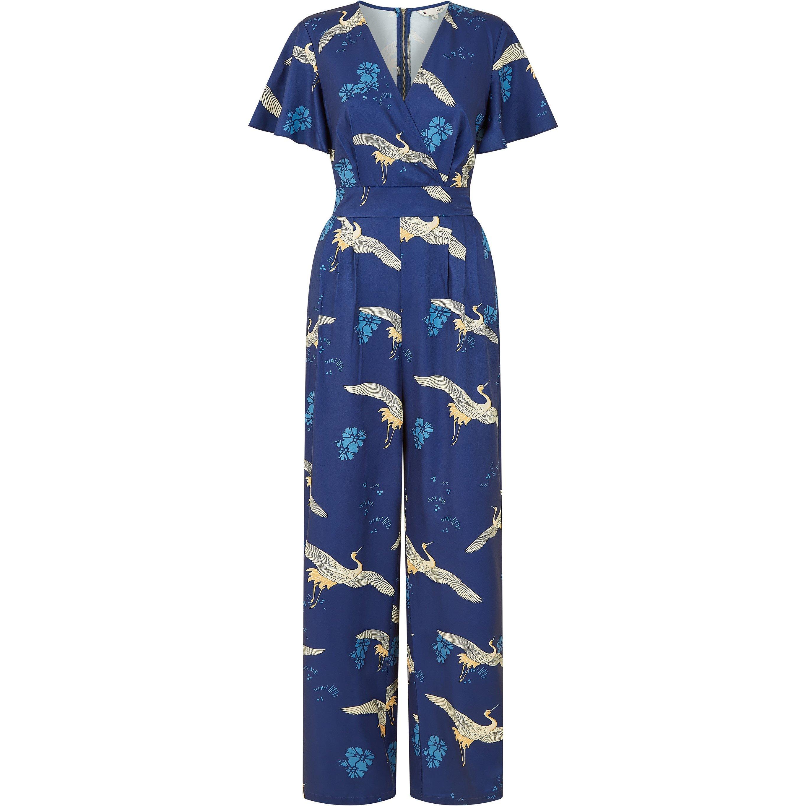 Navy - Yumi - Navy Crane Print Angel Sleeve Jumpsuit - 4