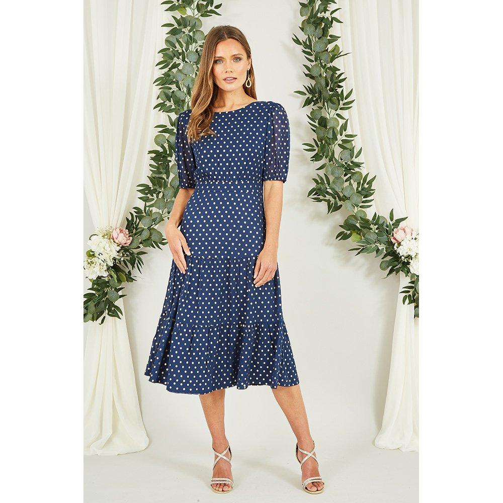 Navy - Mela London - Navy Gold Foil Spot Midi Dress - 1
