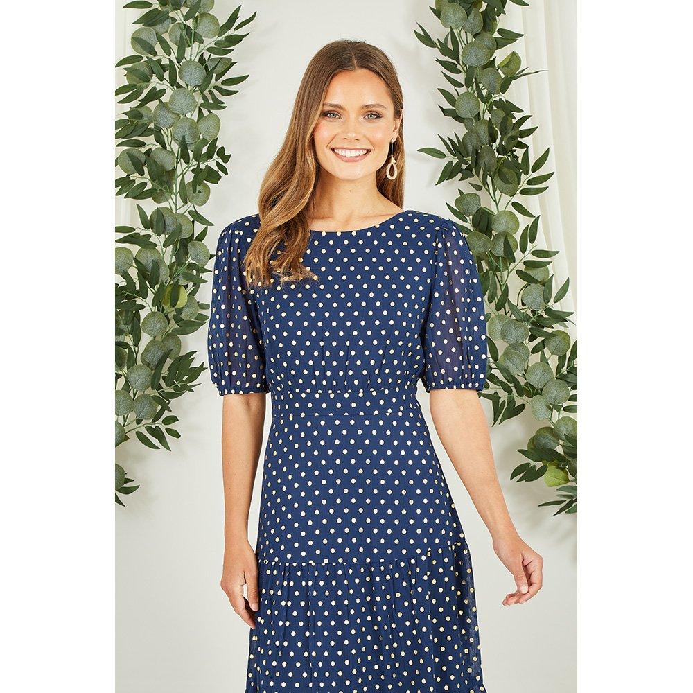 Navy - Mela London - Navy Gold Foil Spot Midi Dress - 2