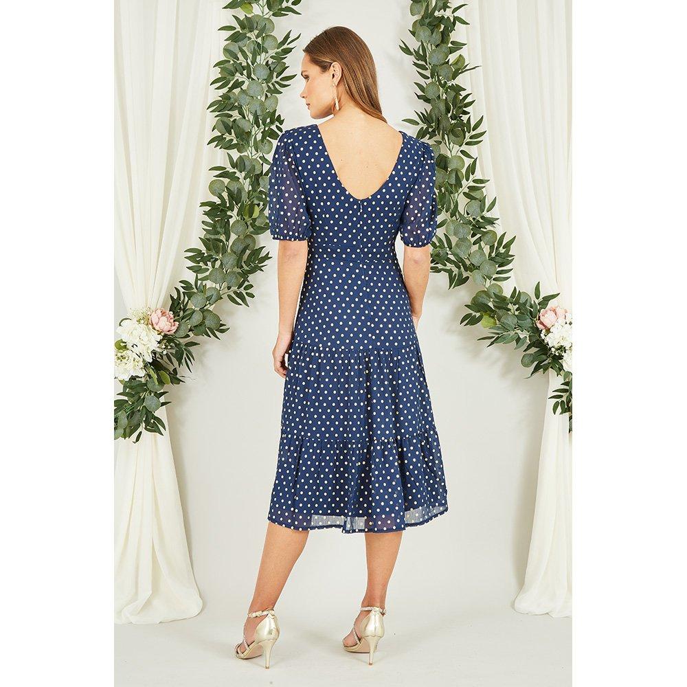 Navy - Mela London - Navy Gold Foil Spot Midi Dress - 3