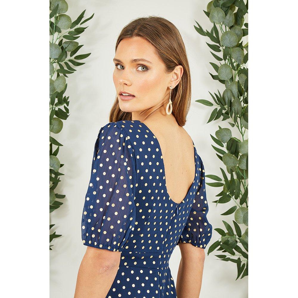 Navy - Mela London - Navy Gold Foil Spot Midi Dress - 4