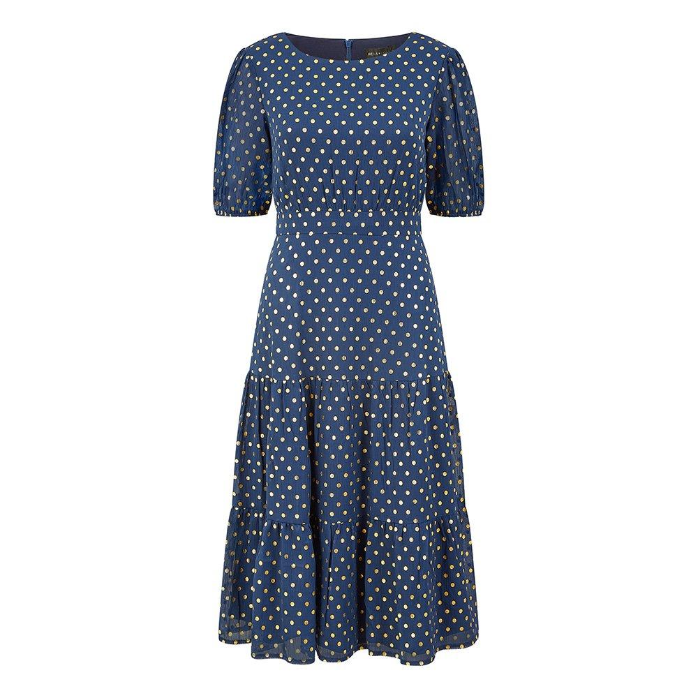 Navy - Mela London - Navy Gold Foil Spot Midi Dress - 5