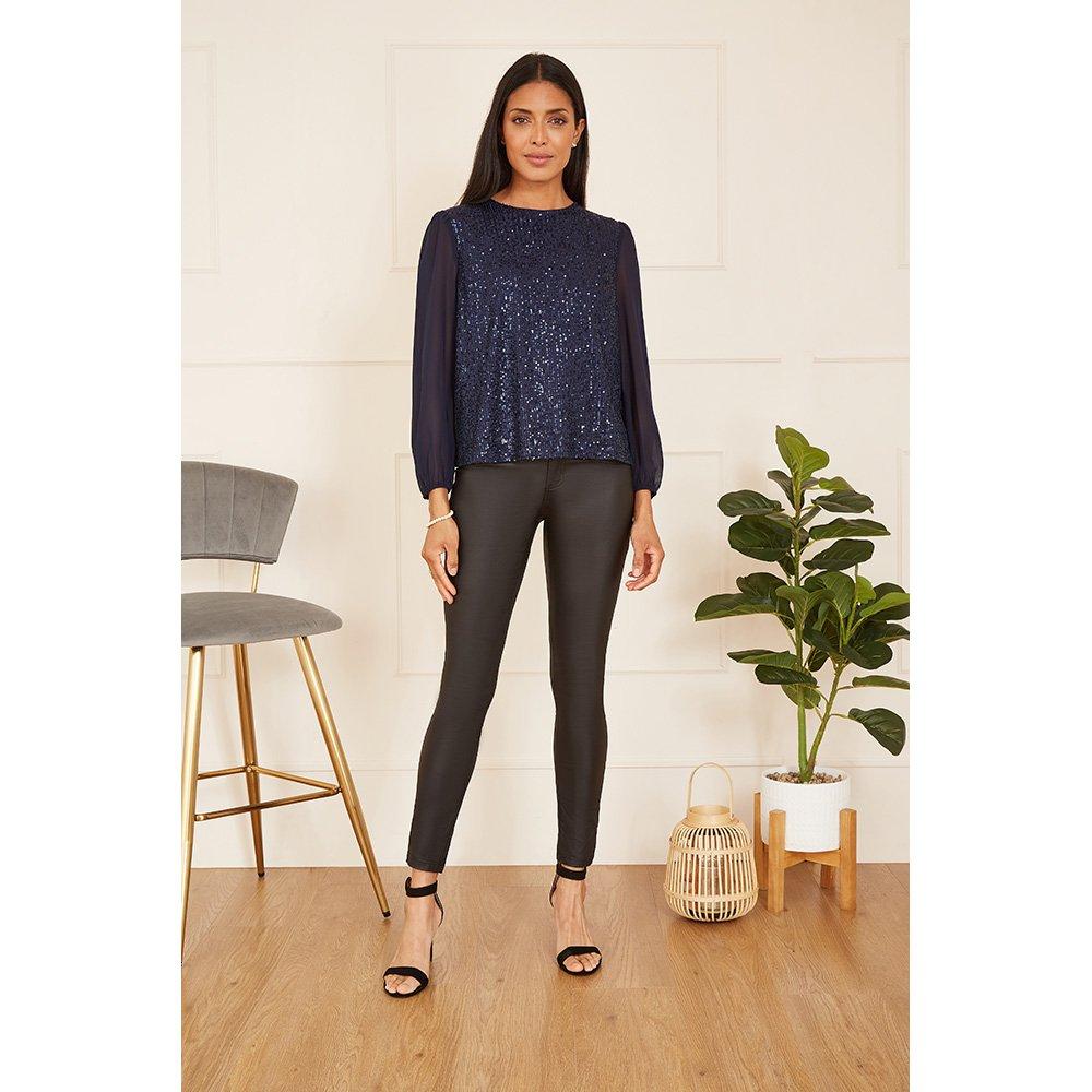 Navy - Yumi - Navy Sequin Top With Sheer Sleeves - 2