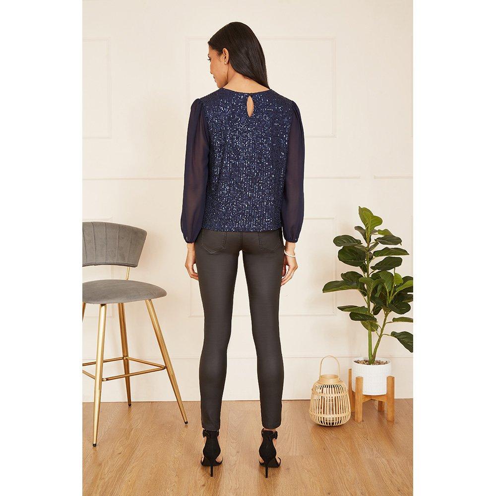Navy - Yumi - Navy Sequin Top With Sheer Sleeves - 3