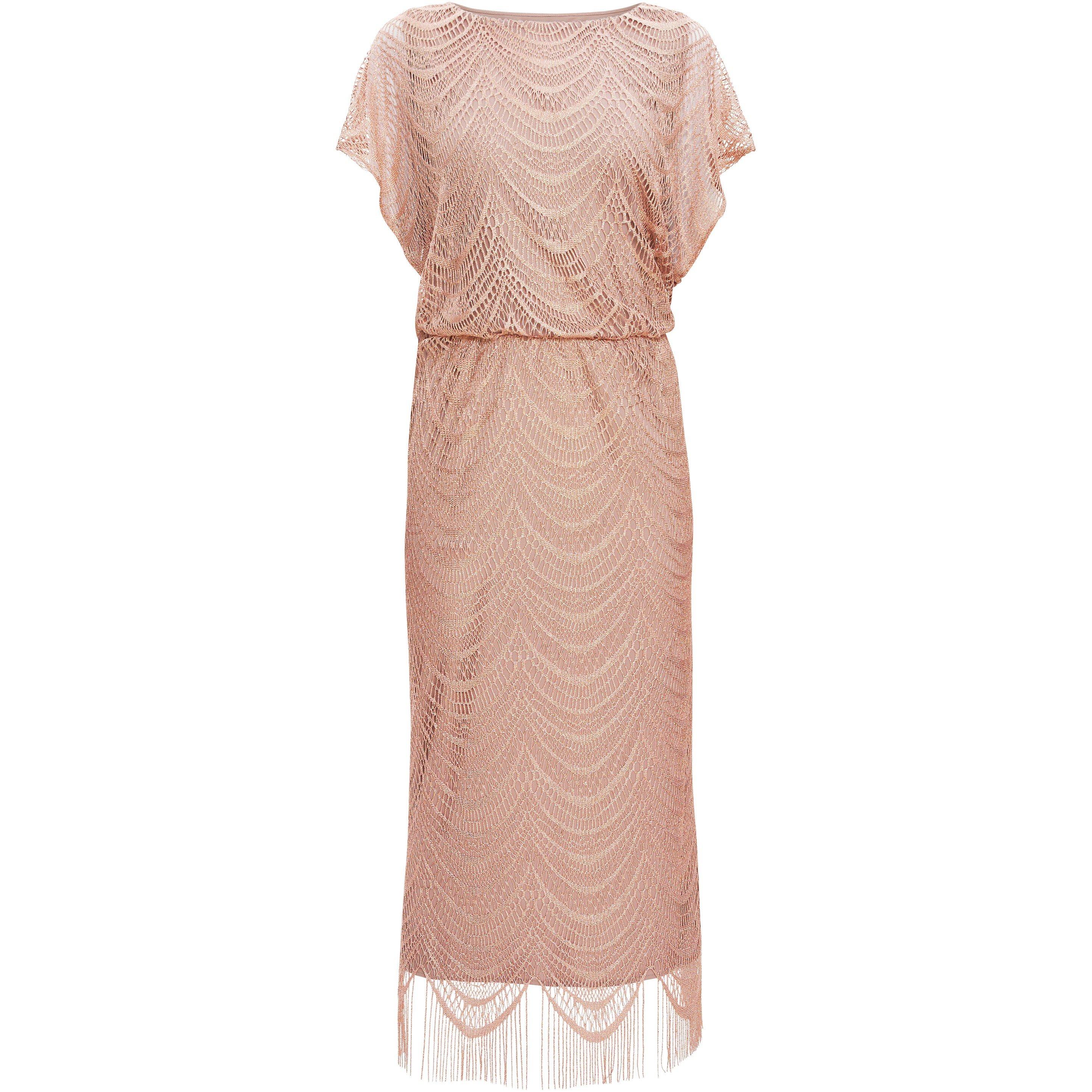 Gold - Gina Bacconi - Arleen Long Blouson Fringe Hem Dress - 4