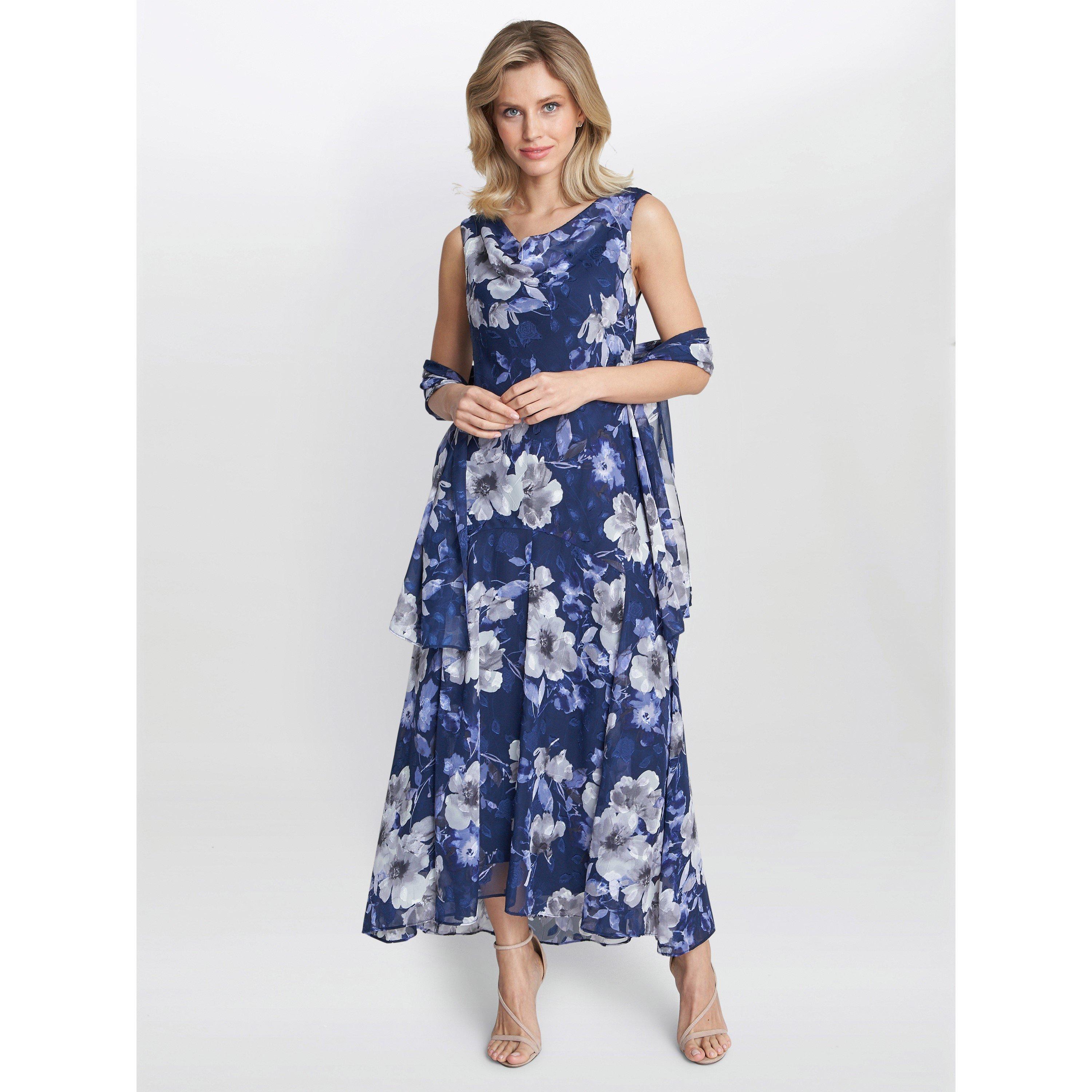 Navy Multi - Gina Bacconi - Dahlia Midi Printed Dress And Shawl - 1