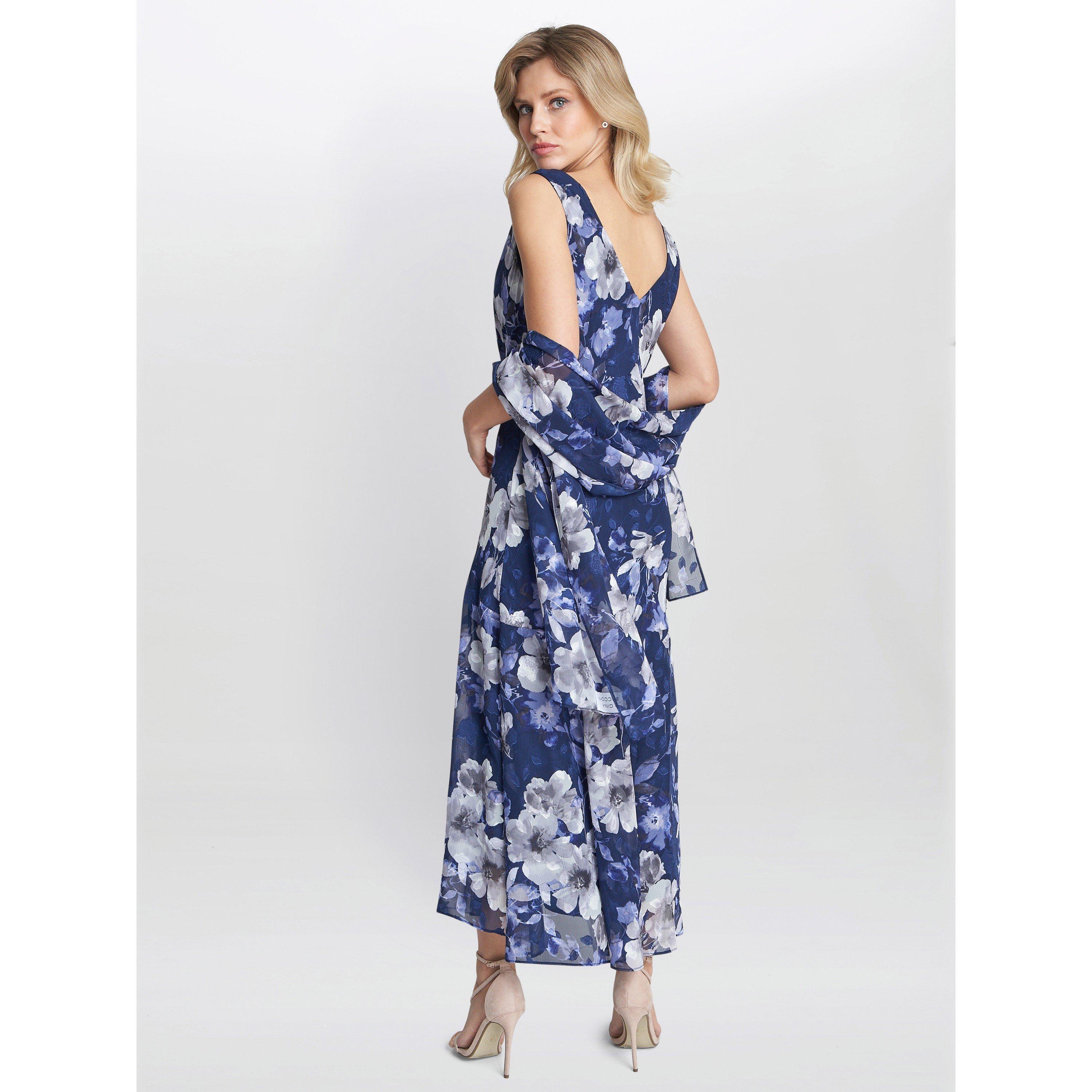 Navy Multi - Gina Bacconi - Dahlia Midi Printed Dress And Shawl - 2