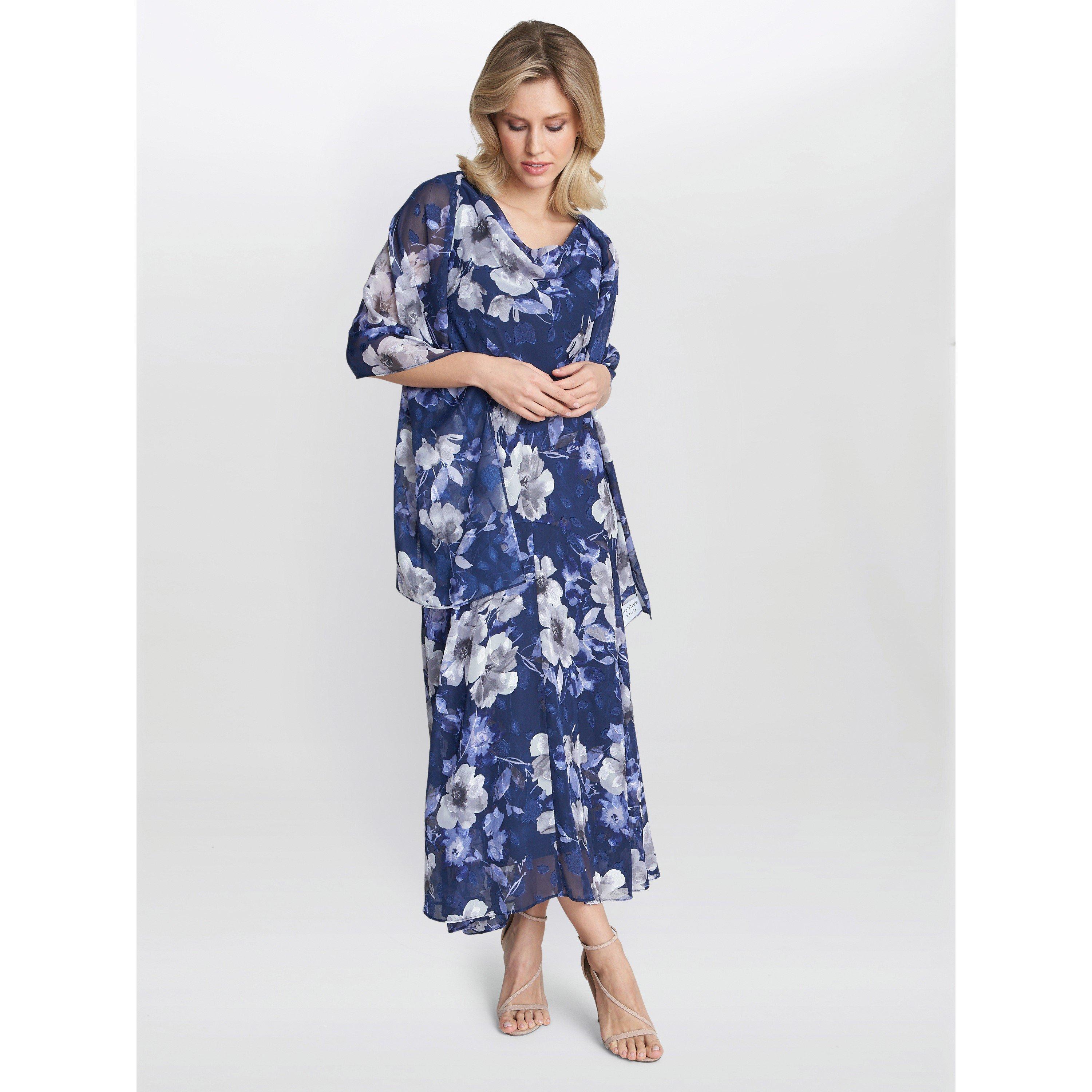 Navy Multi - Gina Bacconi - Dahlia Midi Printed Dress And Shawl - 3