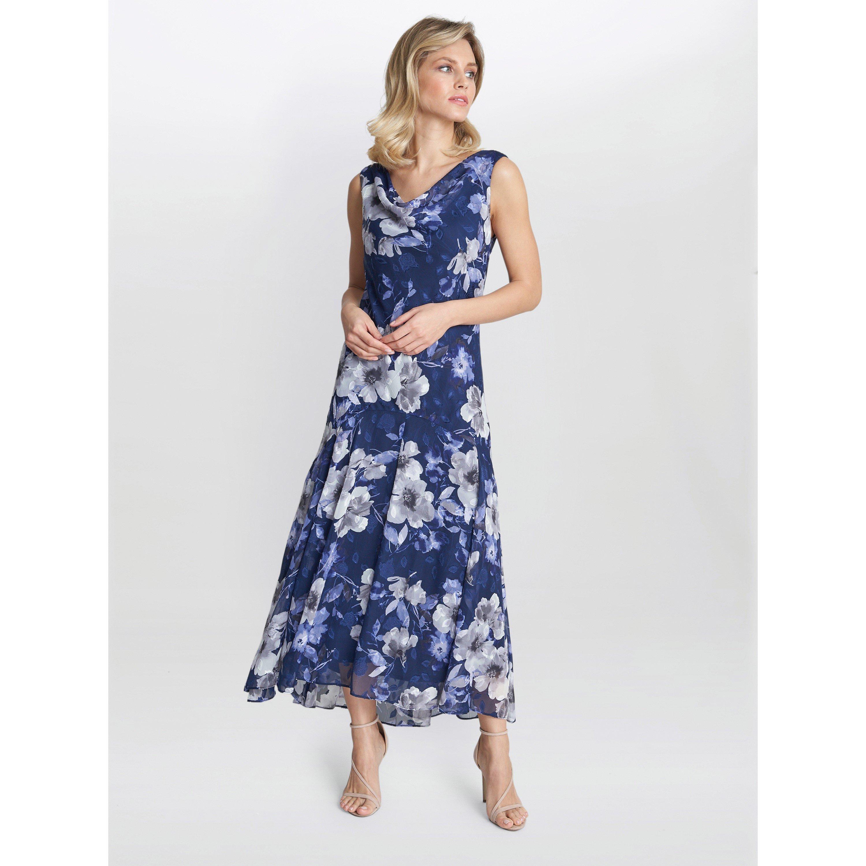 Navy Multi - Gina Bacconi - Dahlia Midi Printed Dress And Shawl - 6