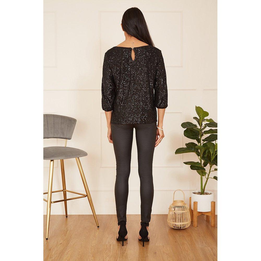 Black - Yumi - Black Sequin Sleeve Slit Sleeve Top - 5