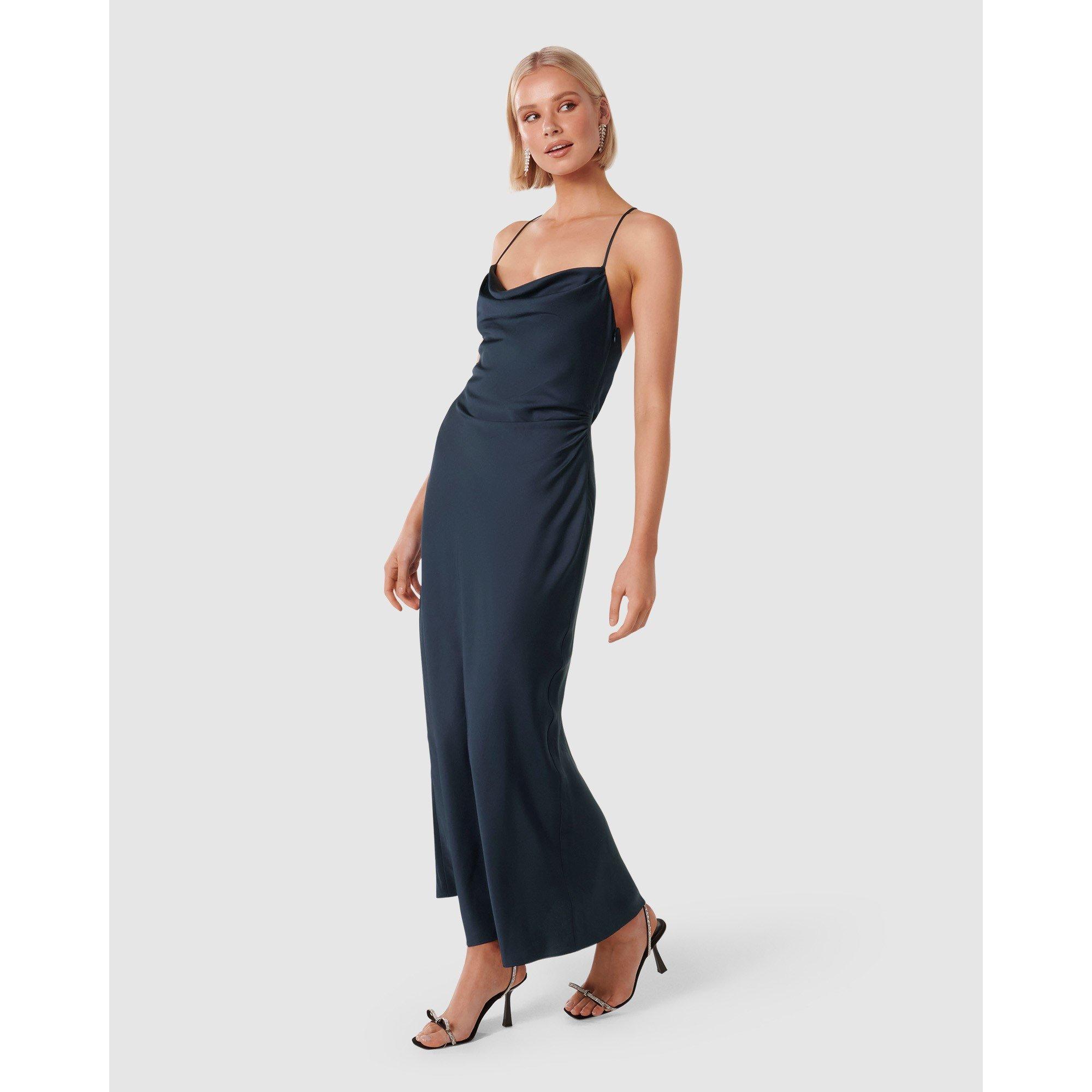 Navy - Forever New - Ruby Tie Back Satin Maxi Dress - 3
