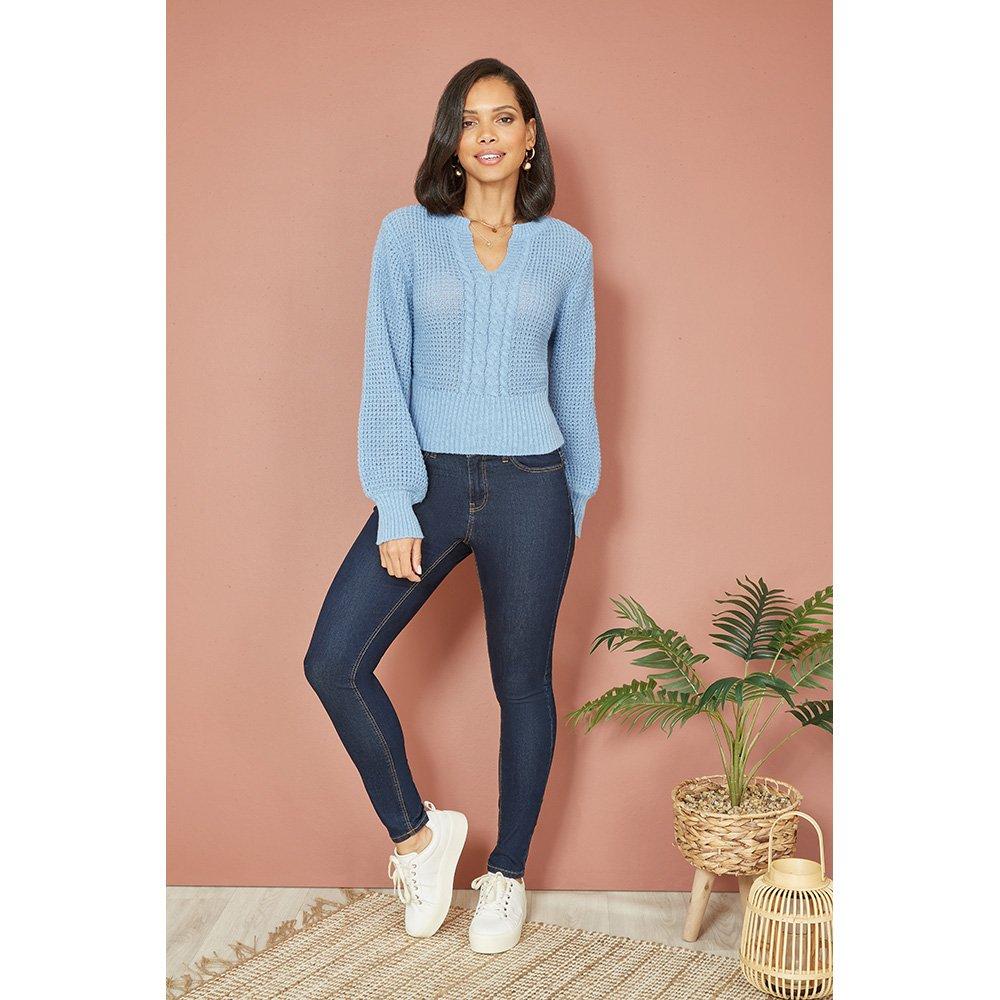Blue - Yumi - Blue Balloon Sleeve Cable Knit Jumper - 2