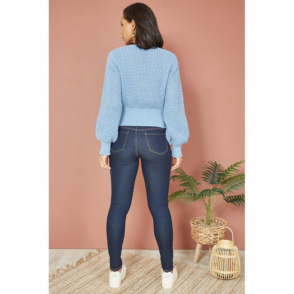 Blue - Yumi - Blue Balloon Sleeve Cable Knit Jumper - 3