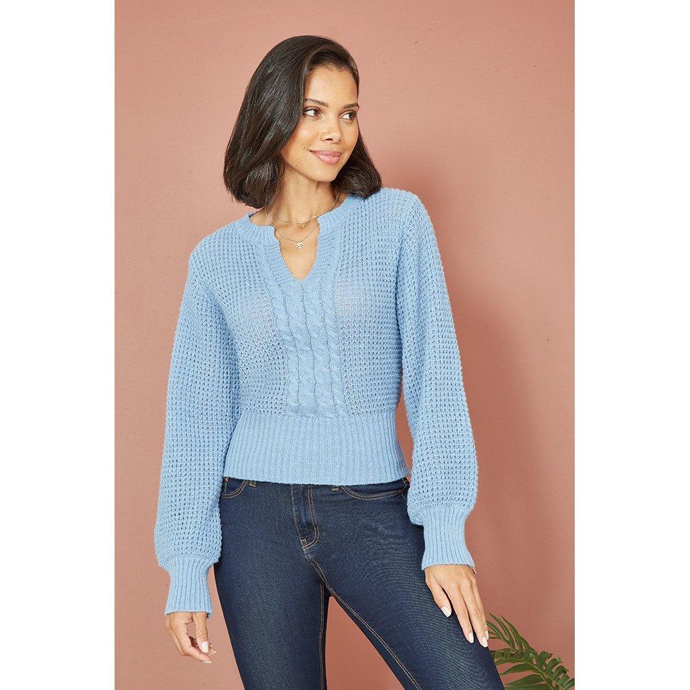 Blue - Yumi - Blue Balloon Sleeve Cable Knit Jumper - 4