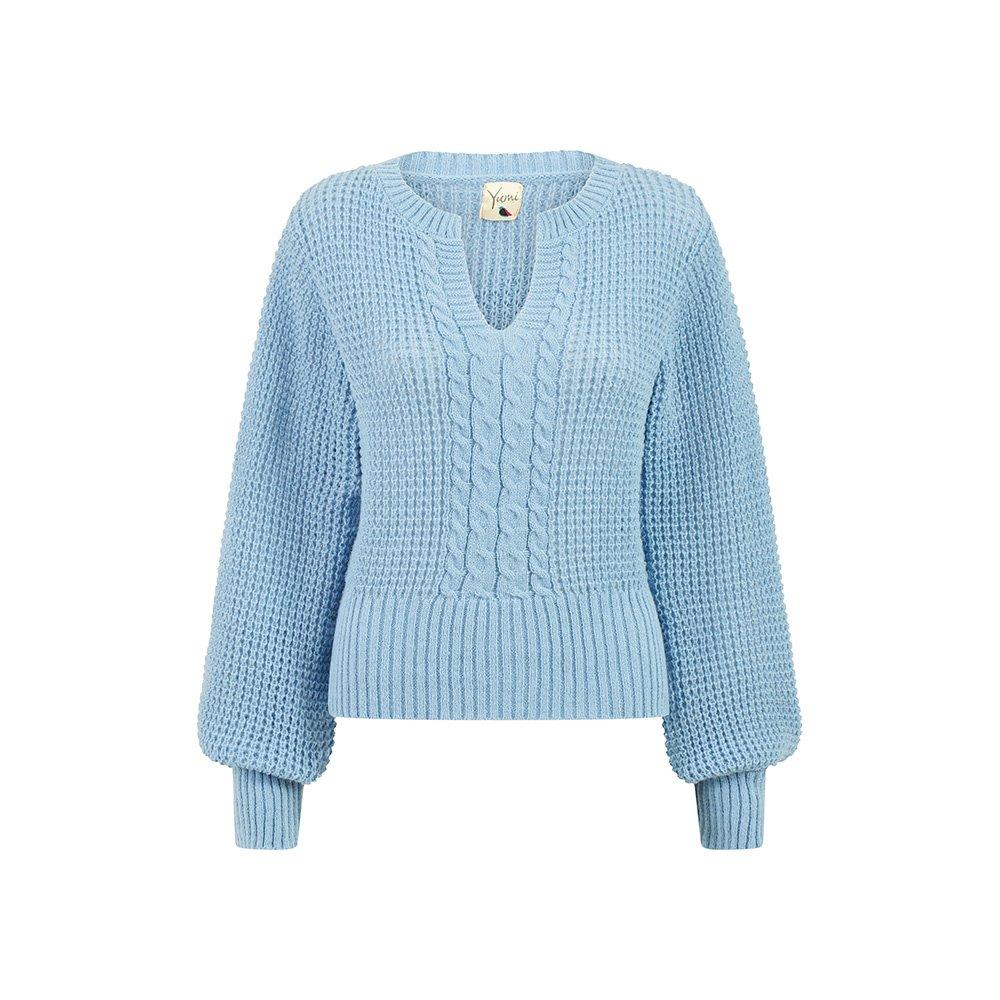 Blue - Yumi - Blue Balloon Sleeve Cable Knit Jumper - 5