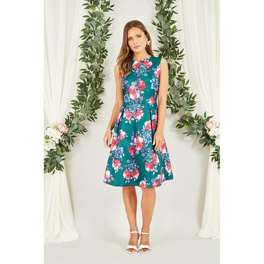 Green - Yumi - Green Jacquard Winter Floral Dress - 2