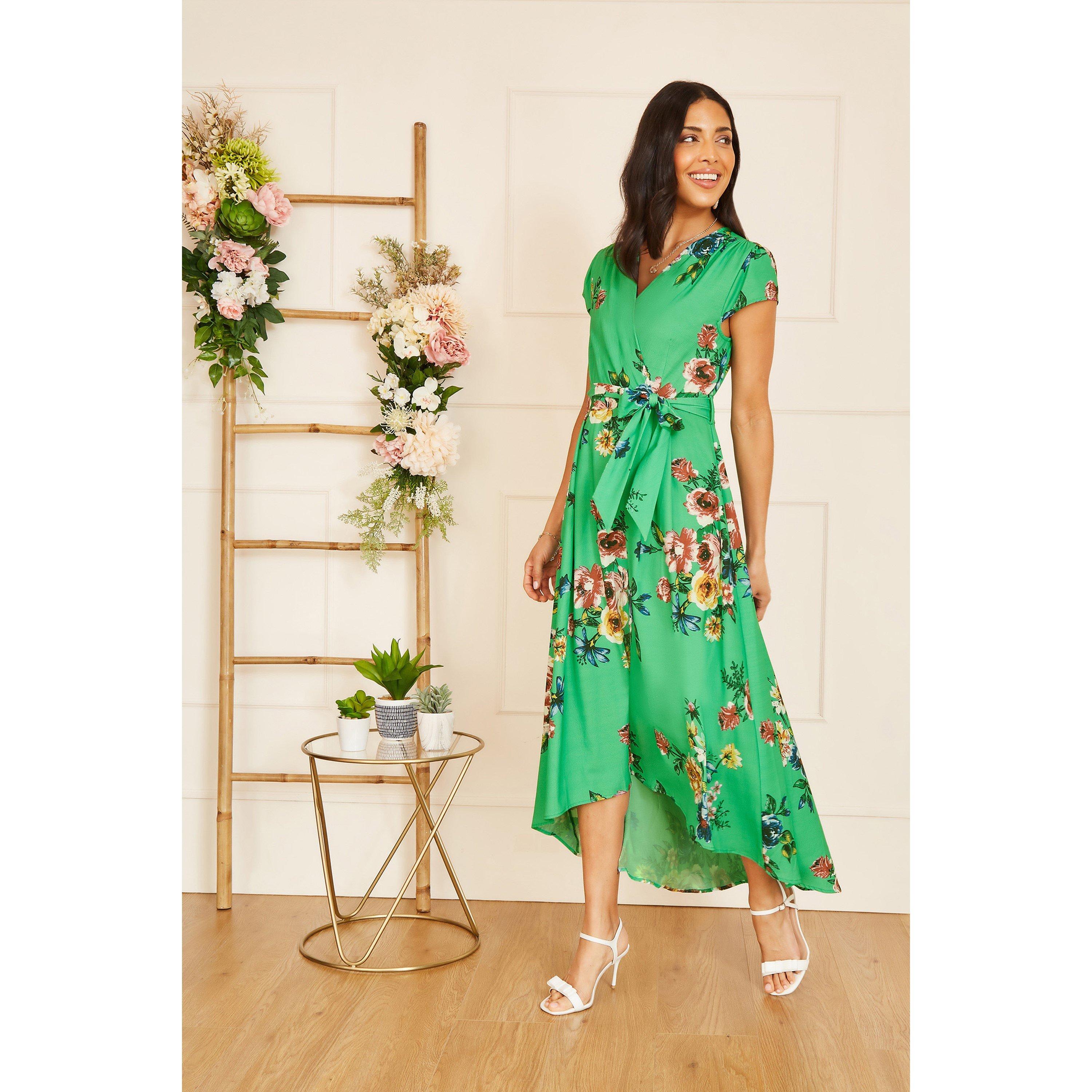 Mela London Women's Bright Floral Dip Hem Midi Dress Green - 8