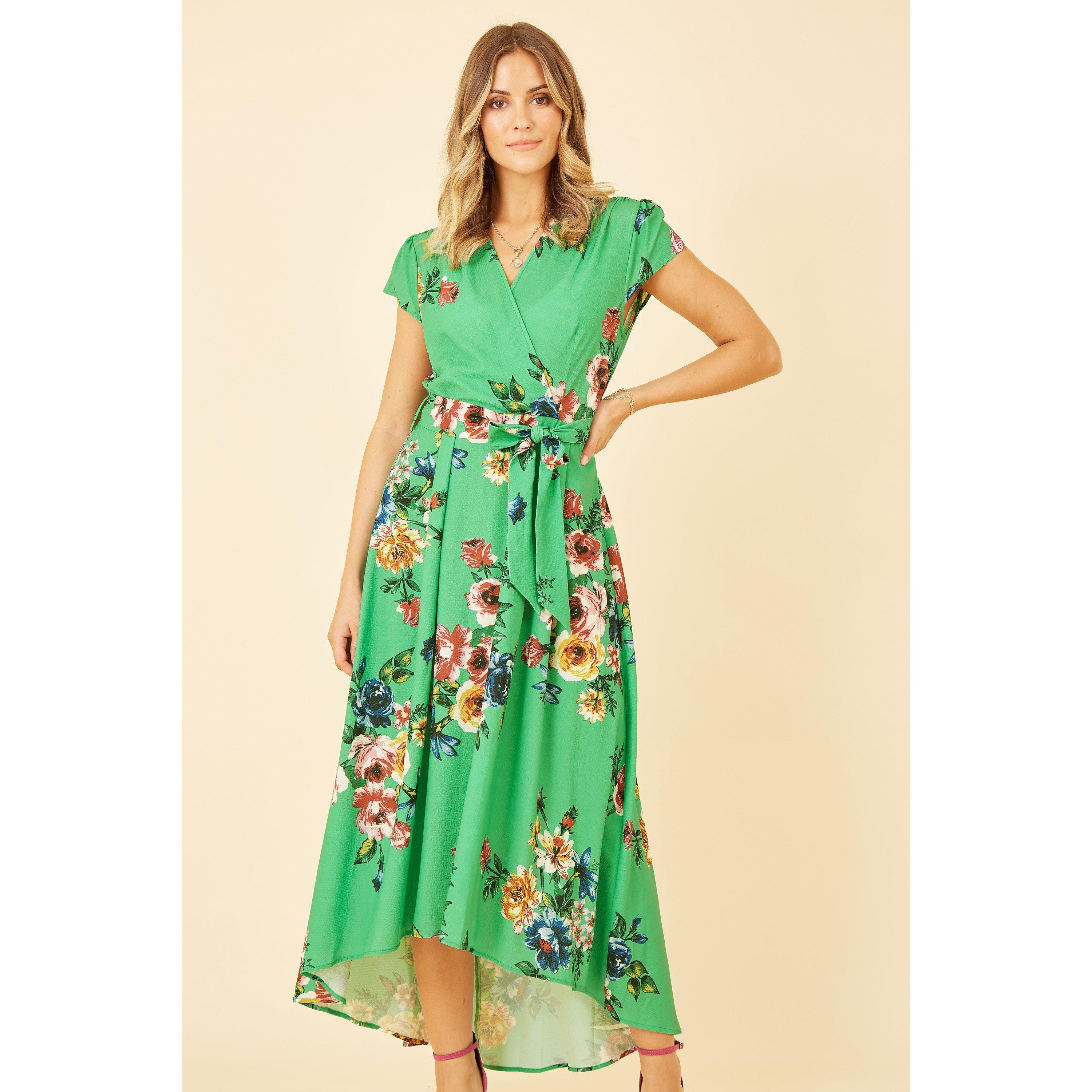 Green - Mela London - Green Bright Floral Dip Hem Midi Dress - 3