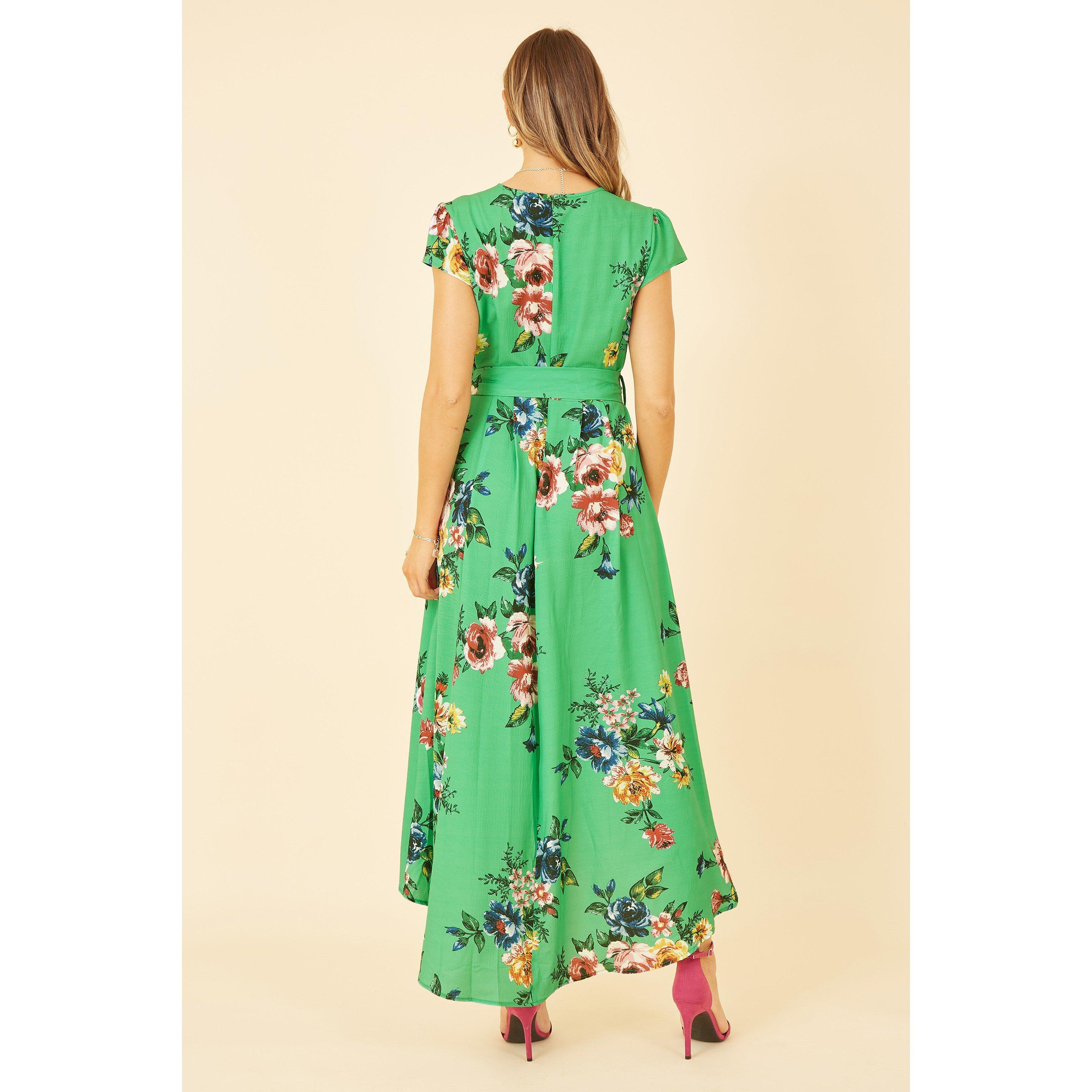 Green - Mela London - Green Bright Floral Dip Hem Midi Dress - 5