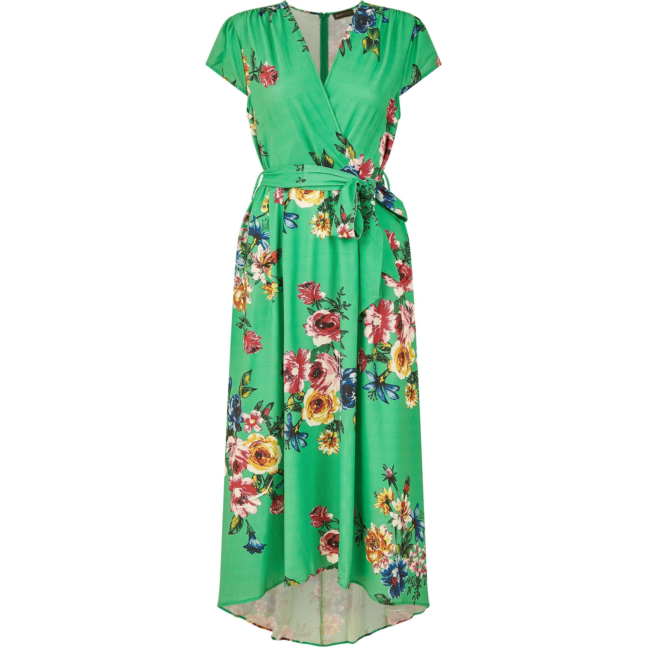 Green - Mela London - Green Bright Floral Dip Hem Midi Dress - 6