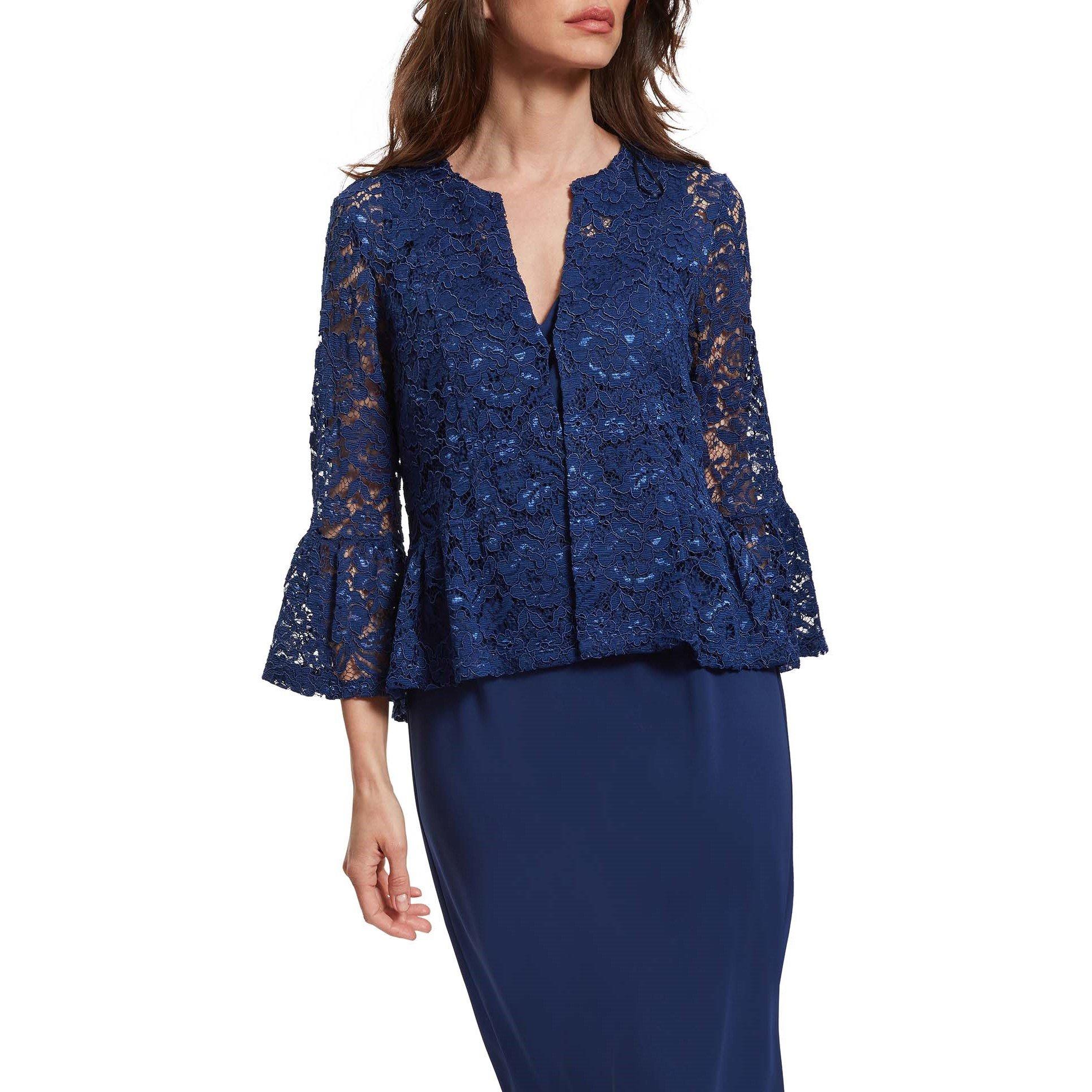 Navy - Gina Bacconi - Women's Kate Corded Lace Elbow Length Sleeve Cropped Jacket - 5